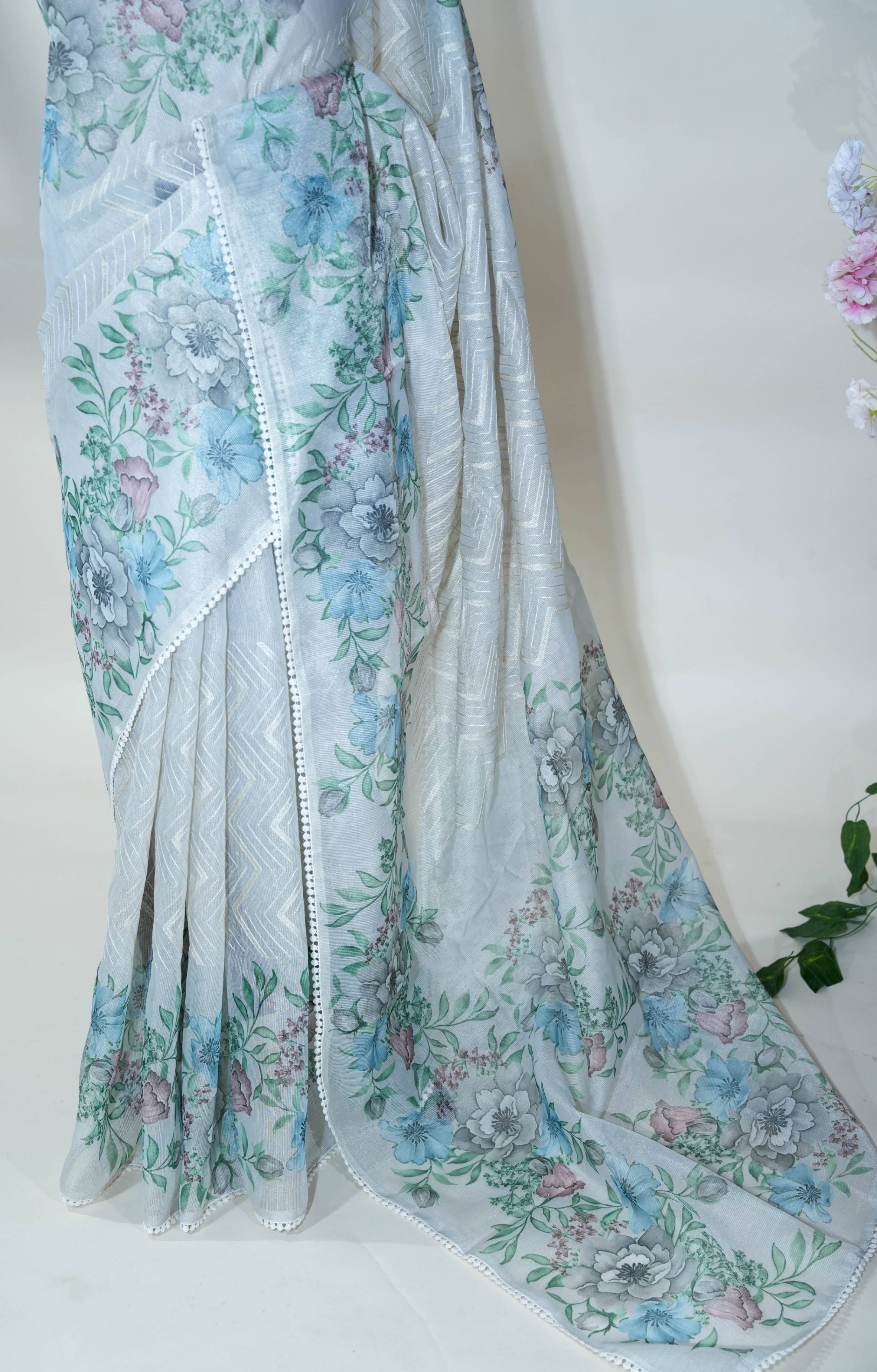 Silver Printed Embroidery Tissue Saree
