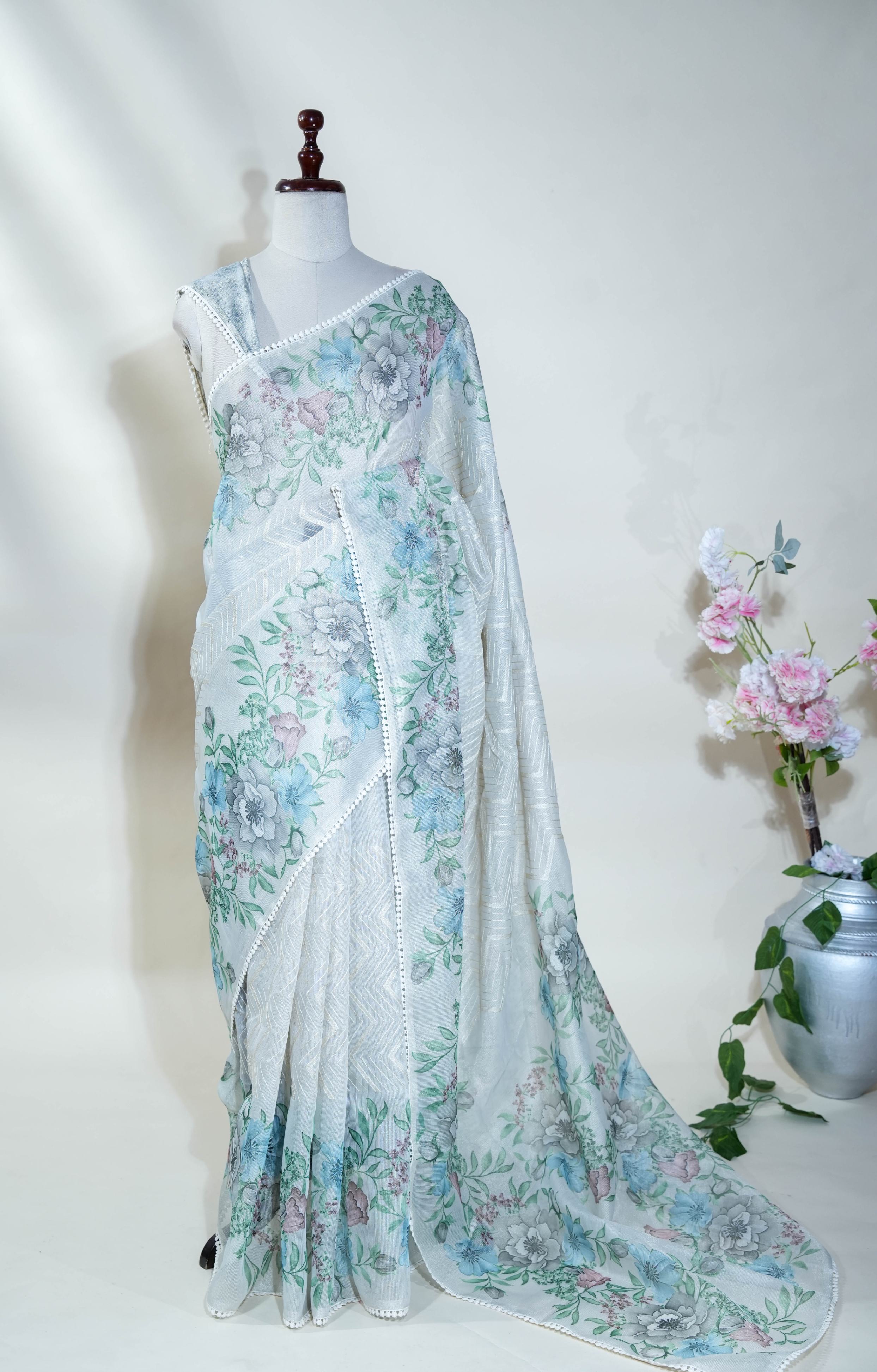 Silver Printed Embroidery Tissue Saree
