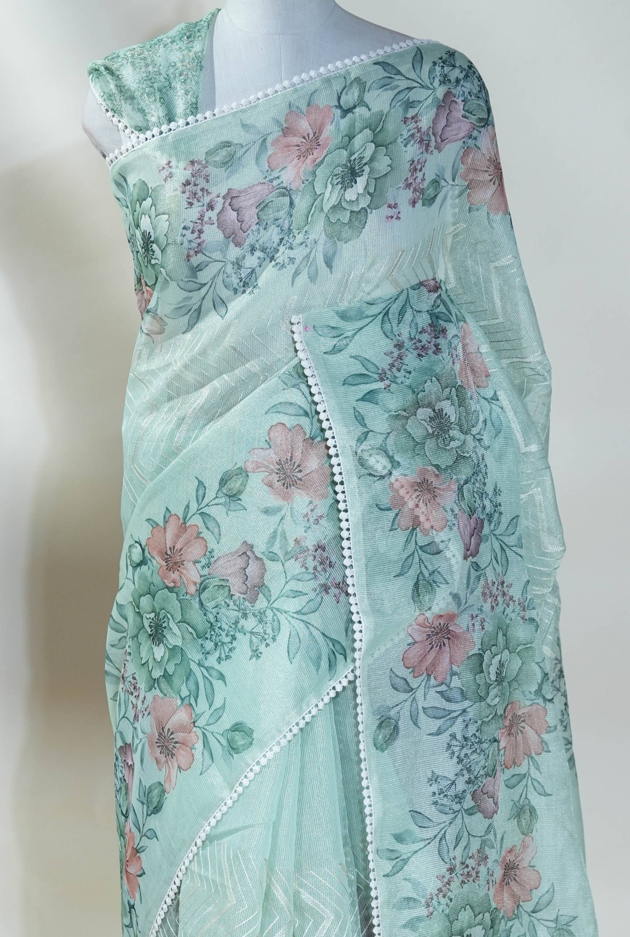 Ferozi Printed Embroidery Tissue Saree