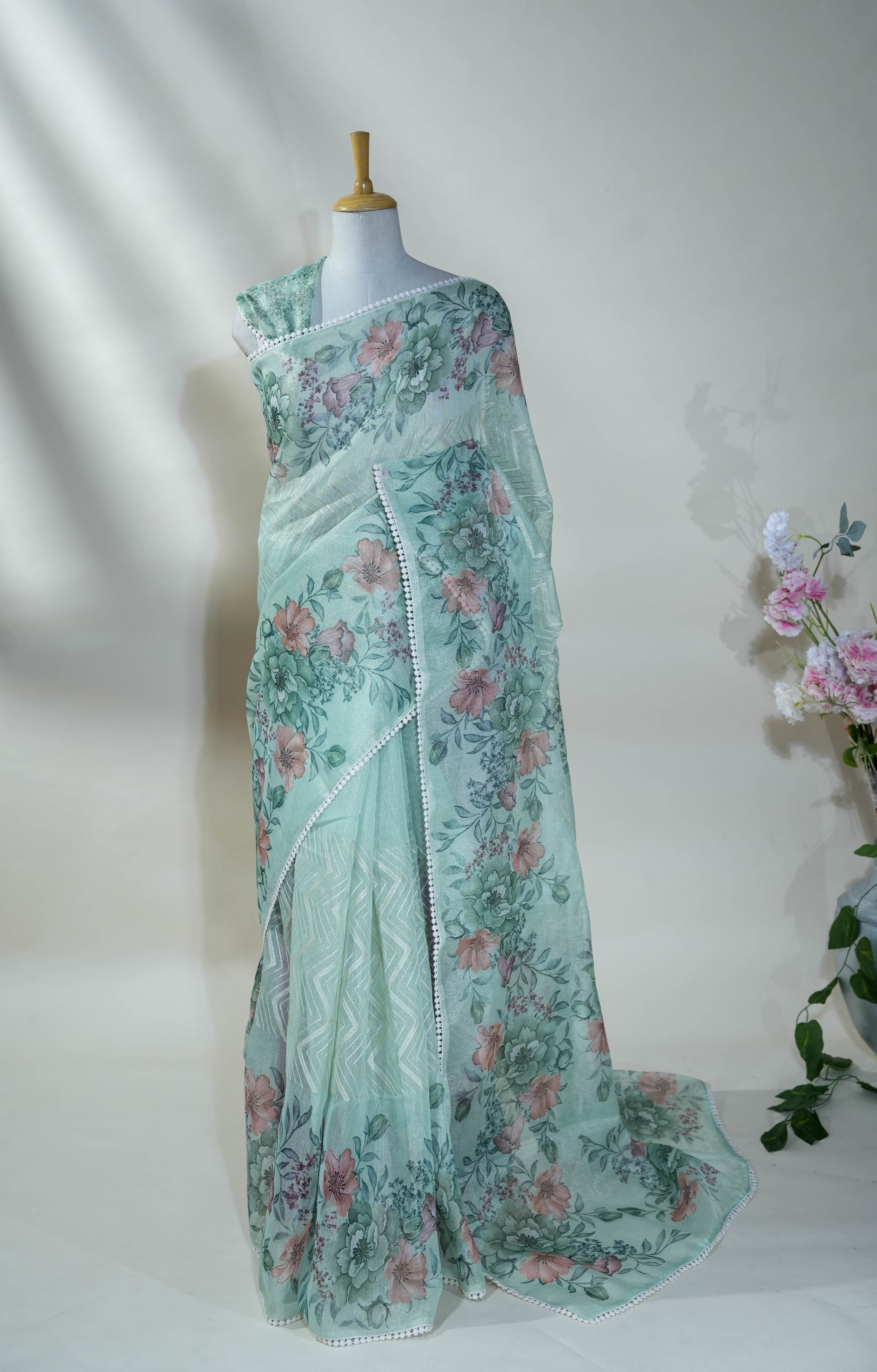 Ferozi Printed Embroidery Tissue Saree