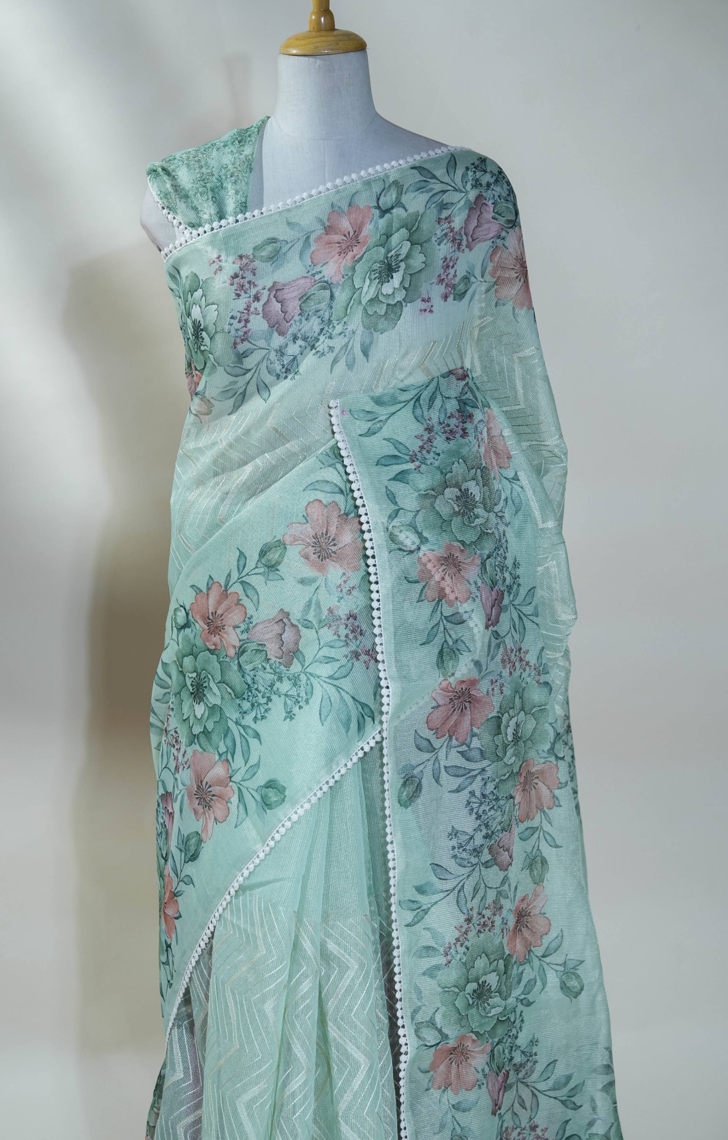 Ferozi Printed Embroidery Tissue Saree