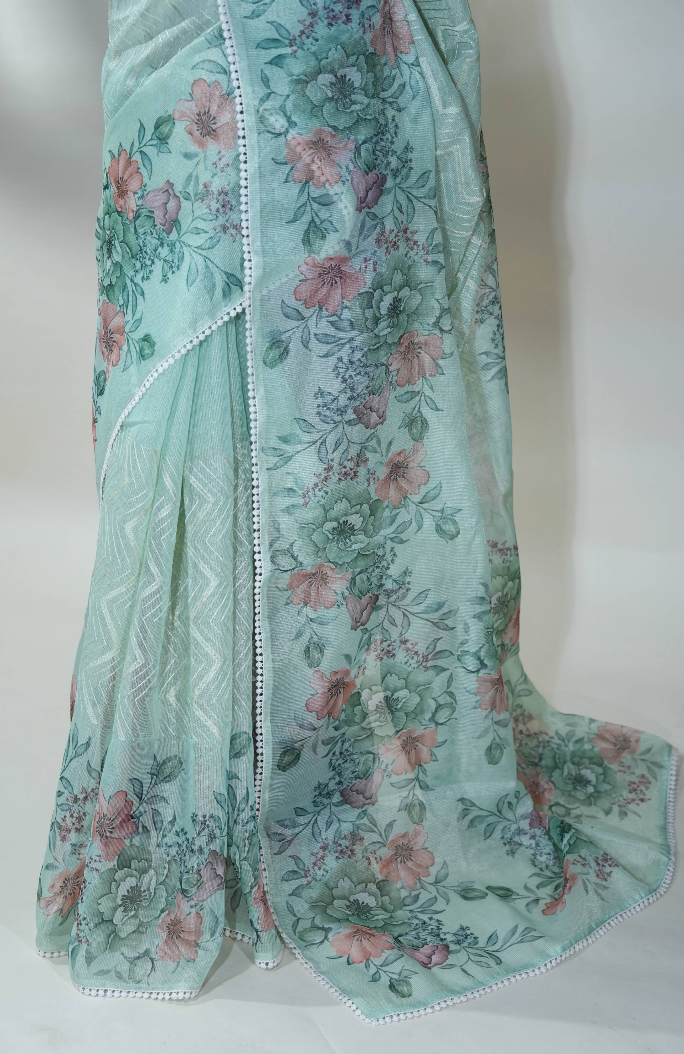 Ferozi Printed Embroidery Tissue Saree