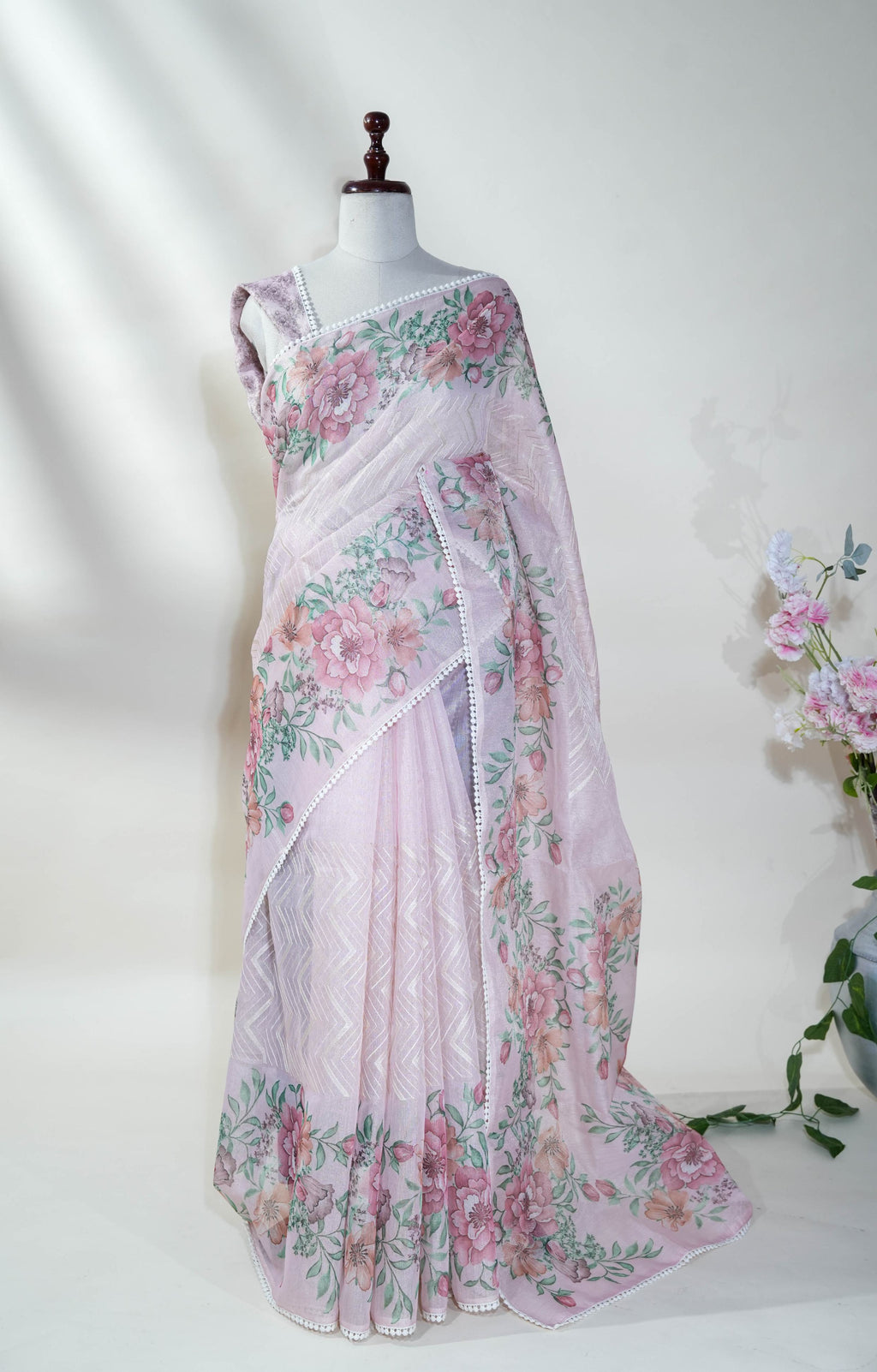 Pink Printed Embroidery Tissue Saree