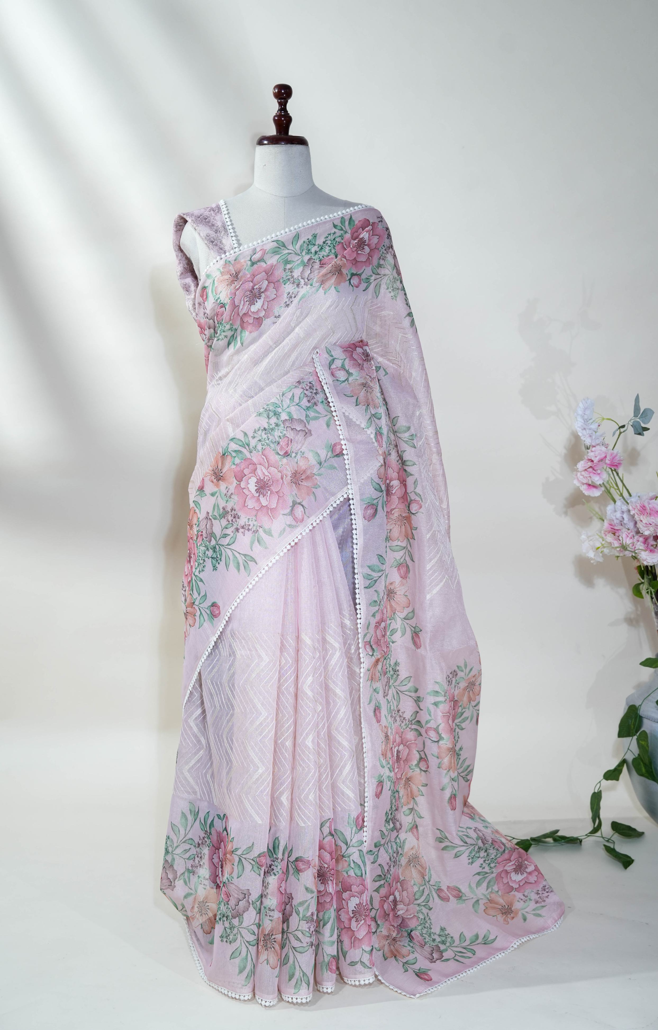 Pink Printed Embroidery Tissue Saree
