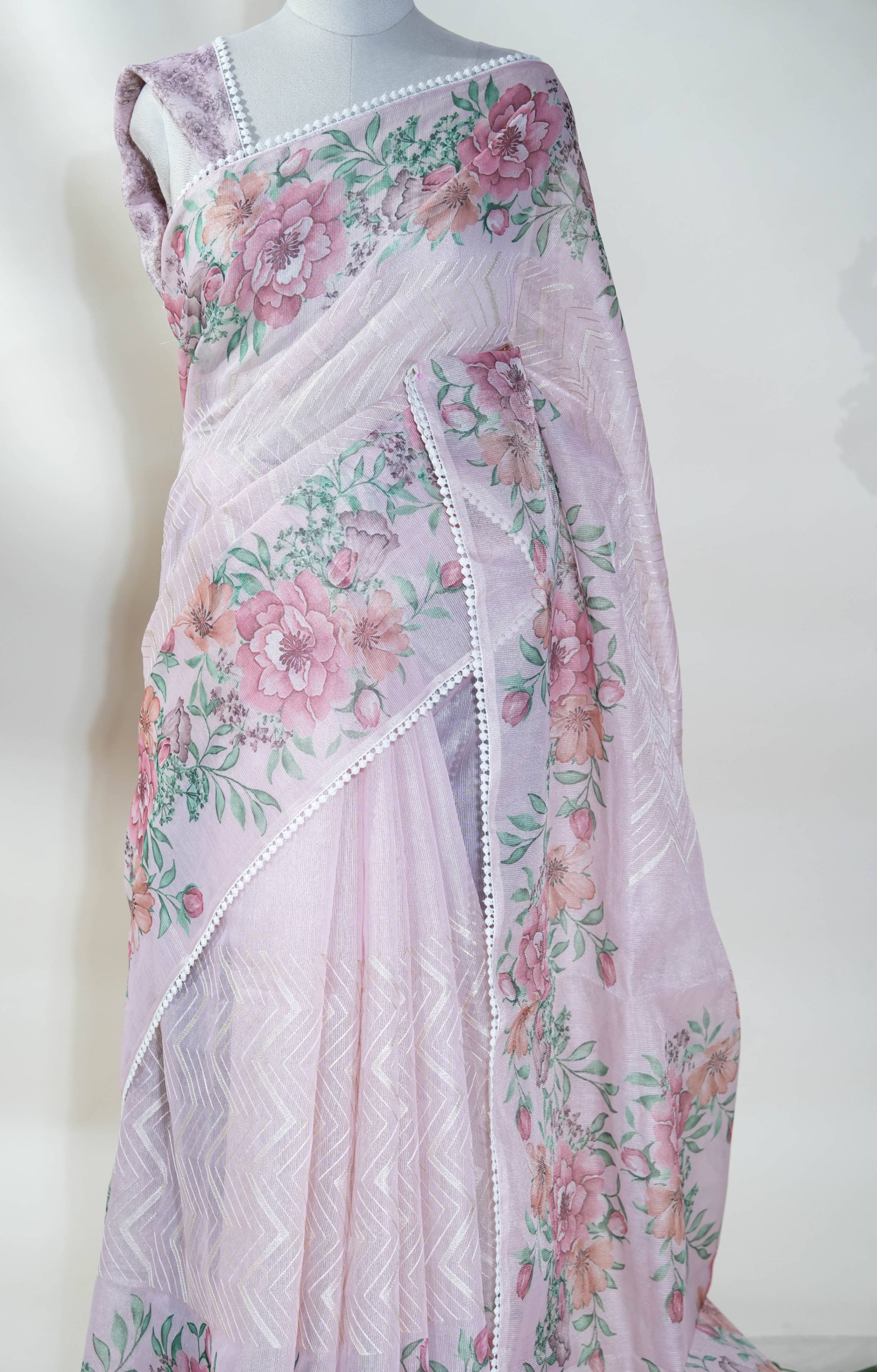 Pink Printed Embroidery Tissue Saree