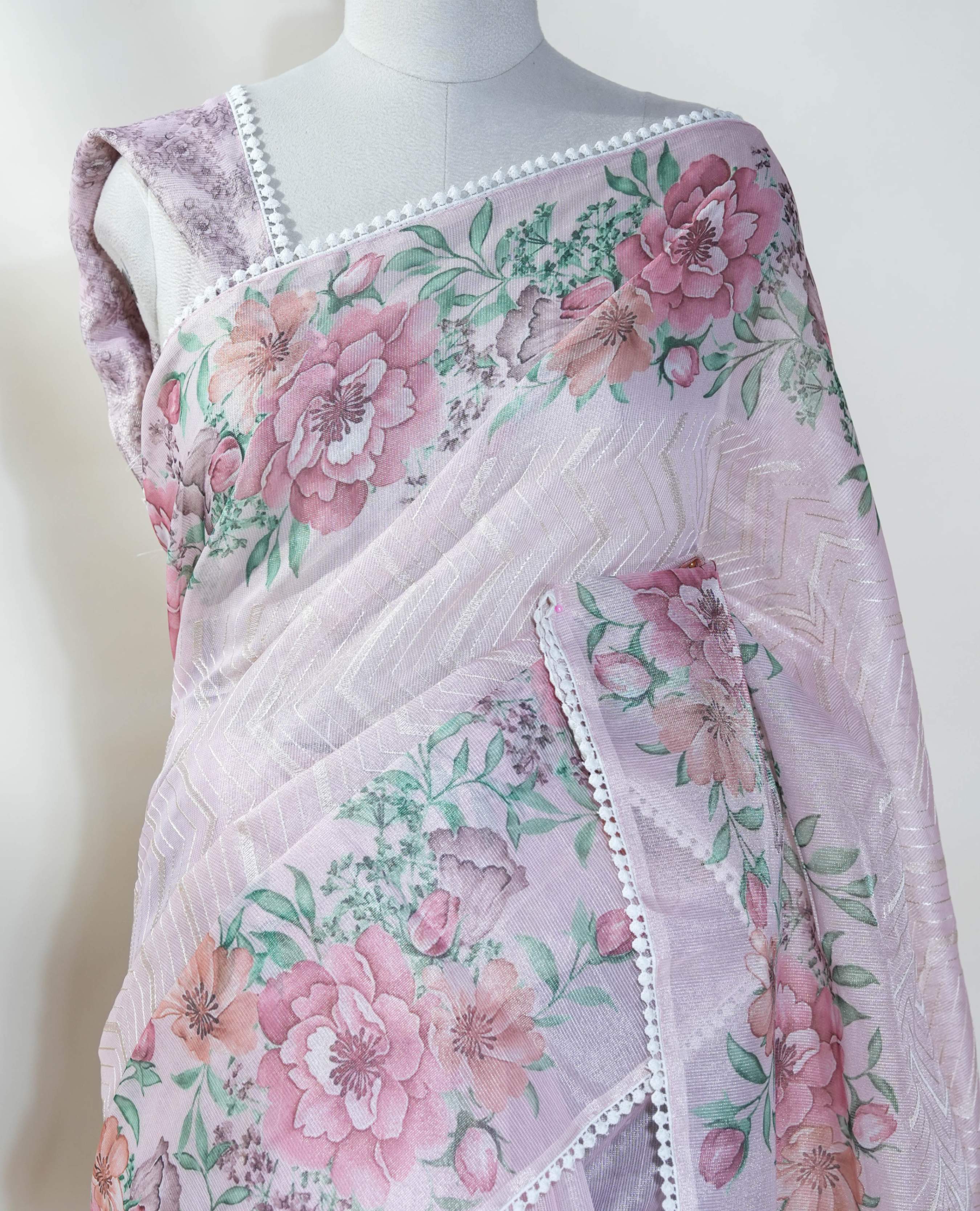Pink Printed Embroidery Tissue Saree