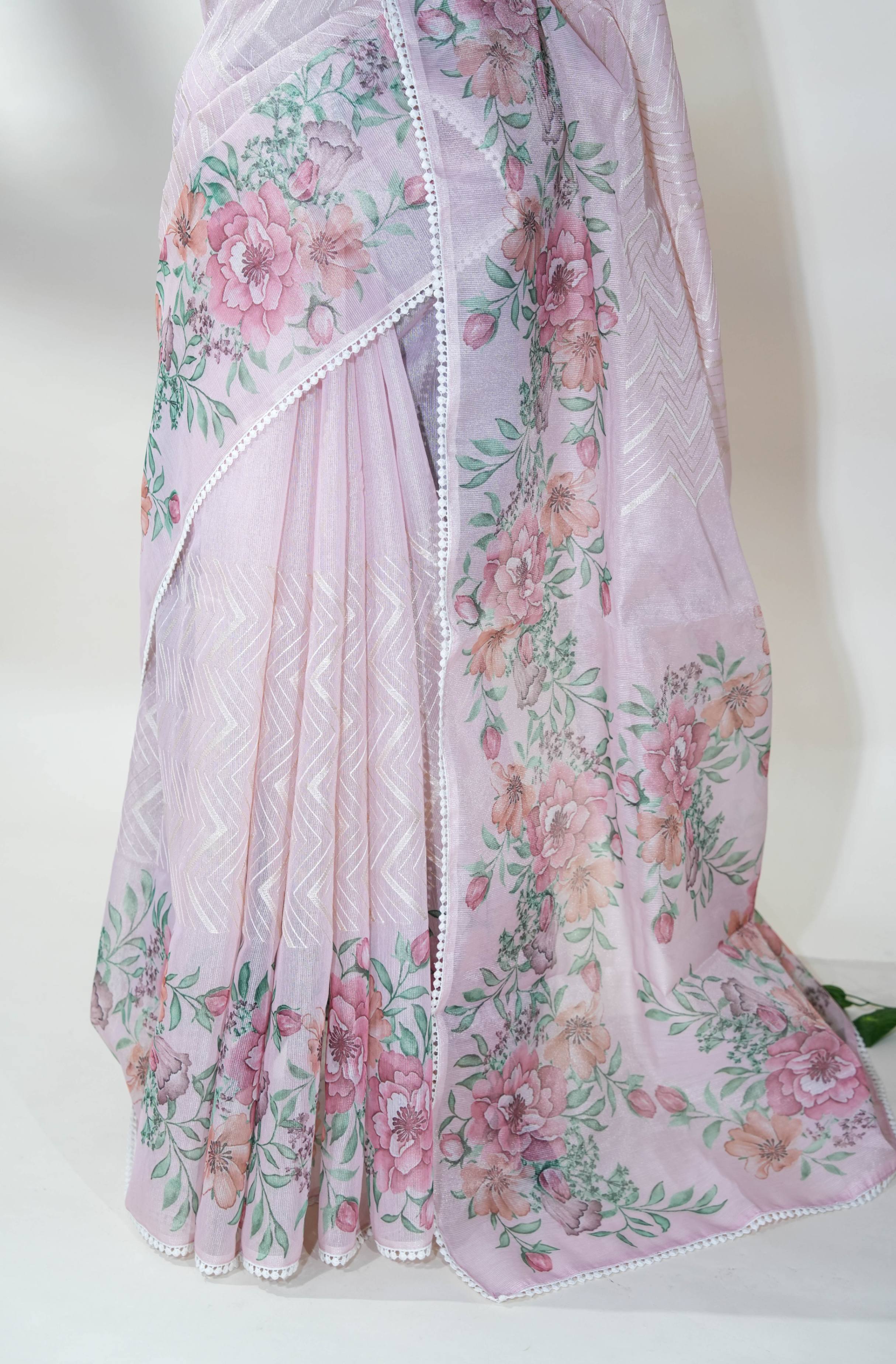 Pink Printed Embroidery Tissue Saree