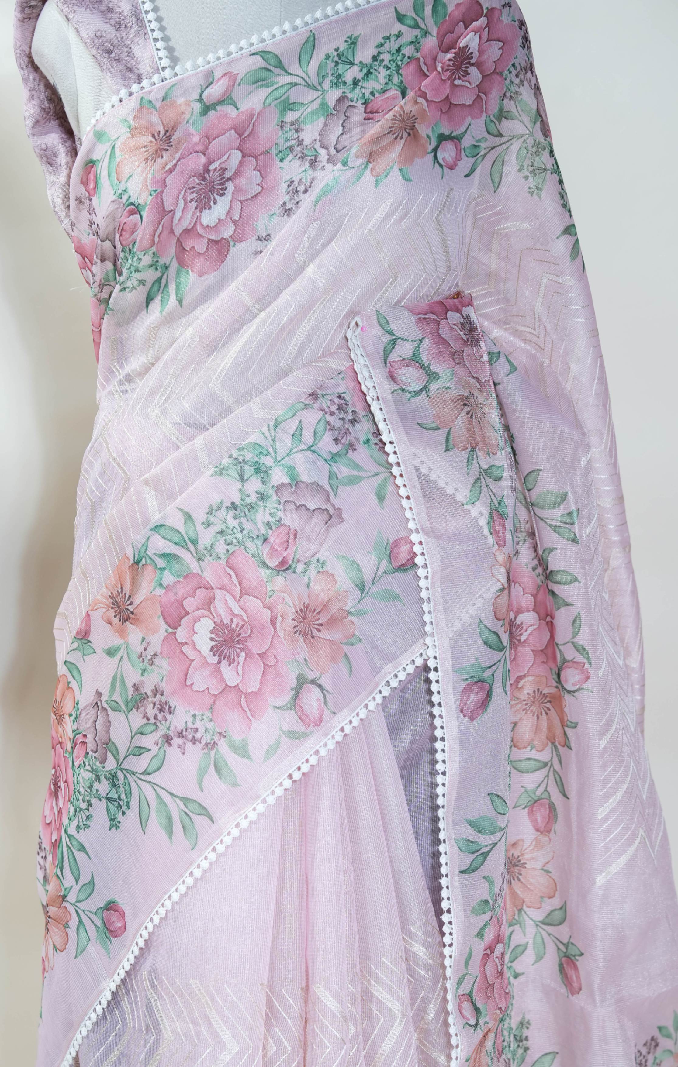 Pink Printed Embroidery Tissue Saree