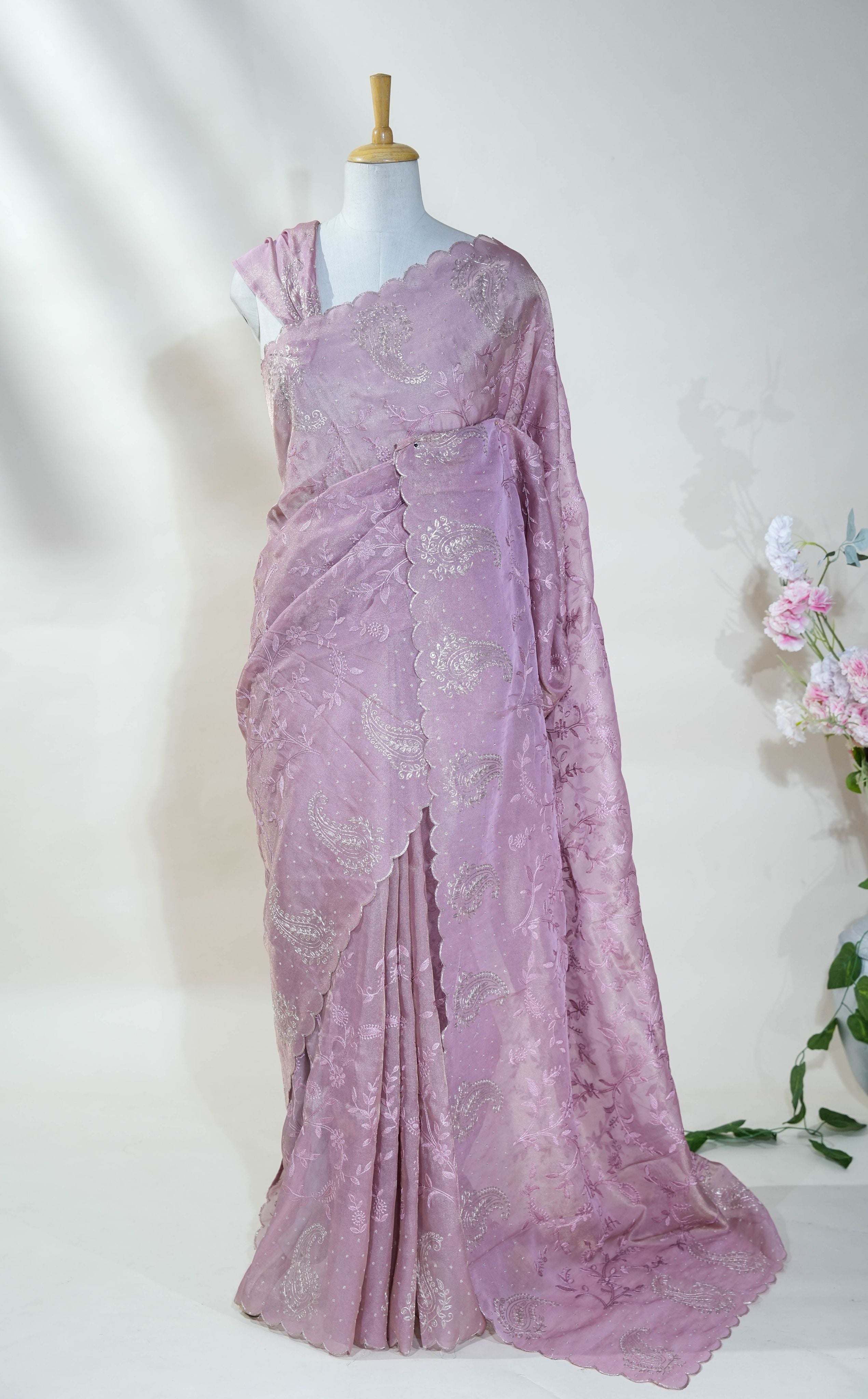 Pink Embroidery Tissue Saree
