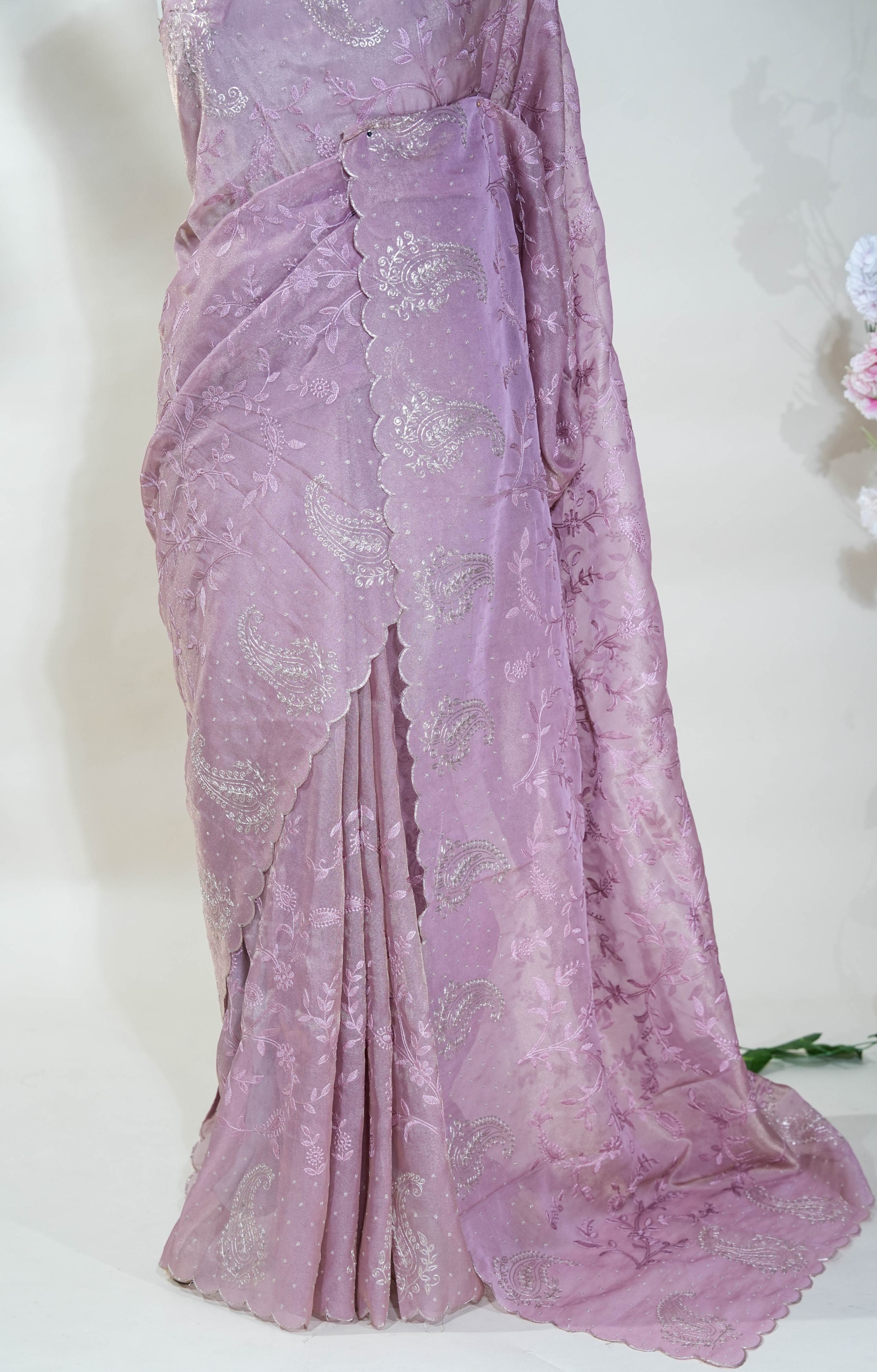 Pink Embroidery Tissue Saree