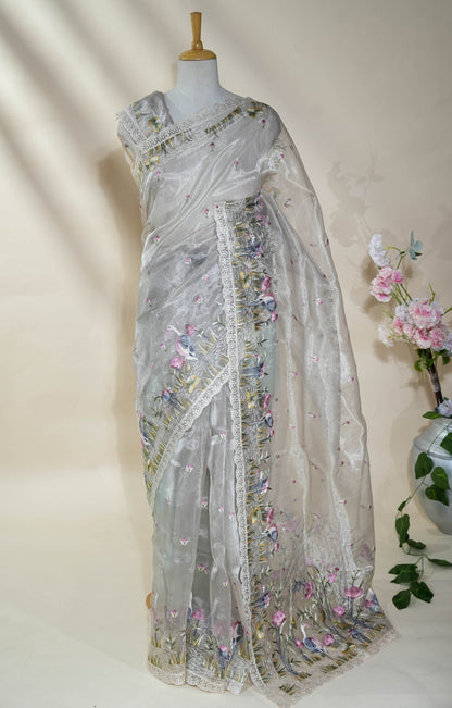 Off White Embroidery Organza Saree