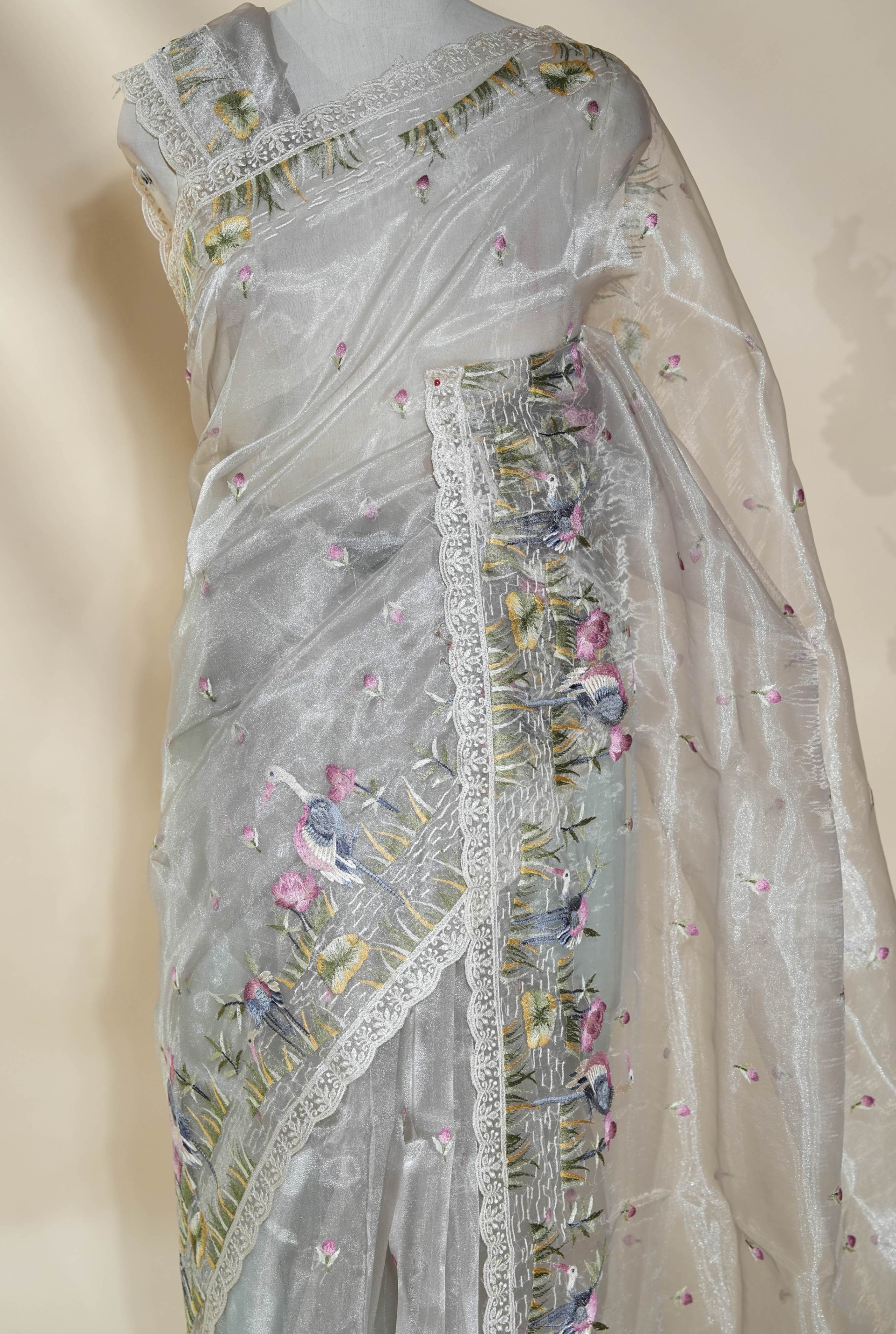 Off White Embroidery Organza Saree