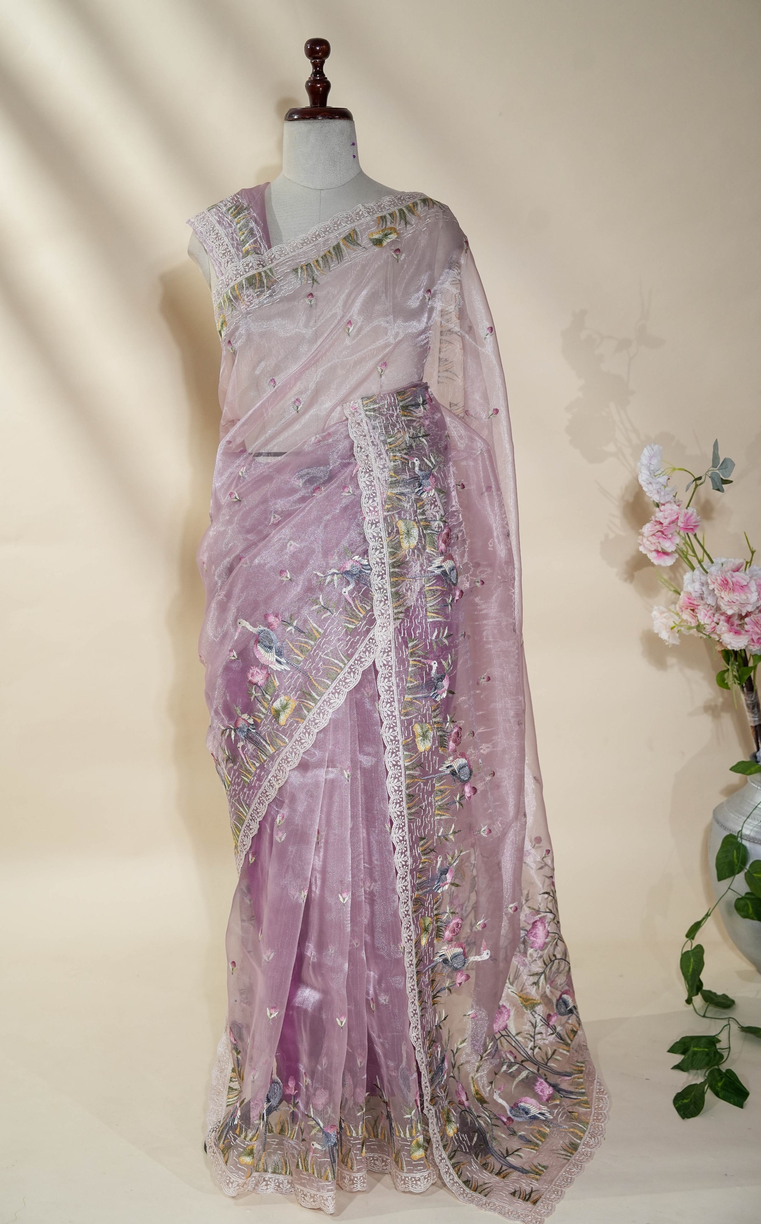 Pink Embroidery Organza Saree