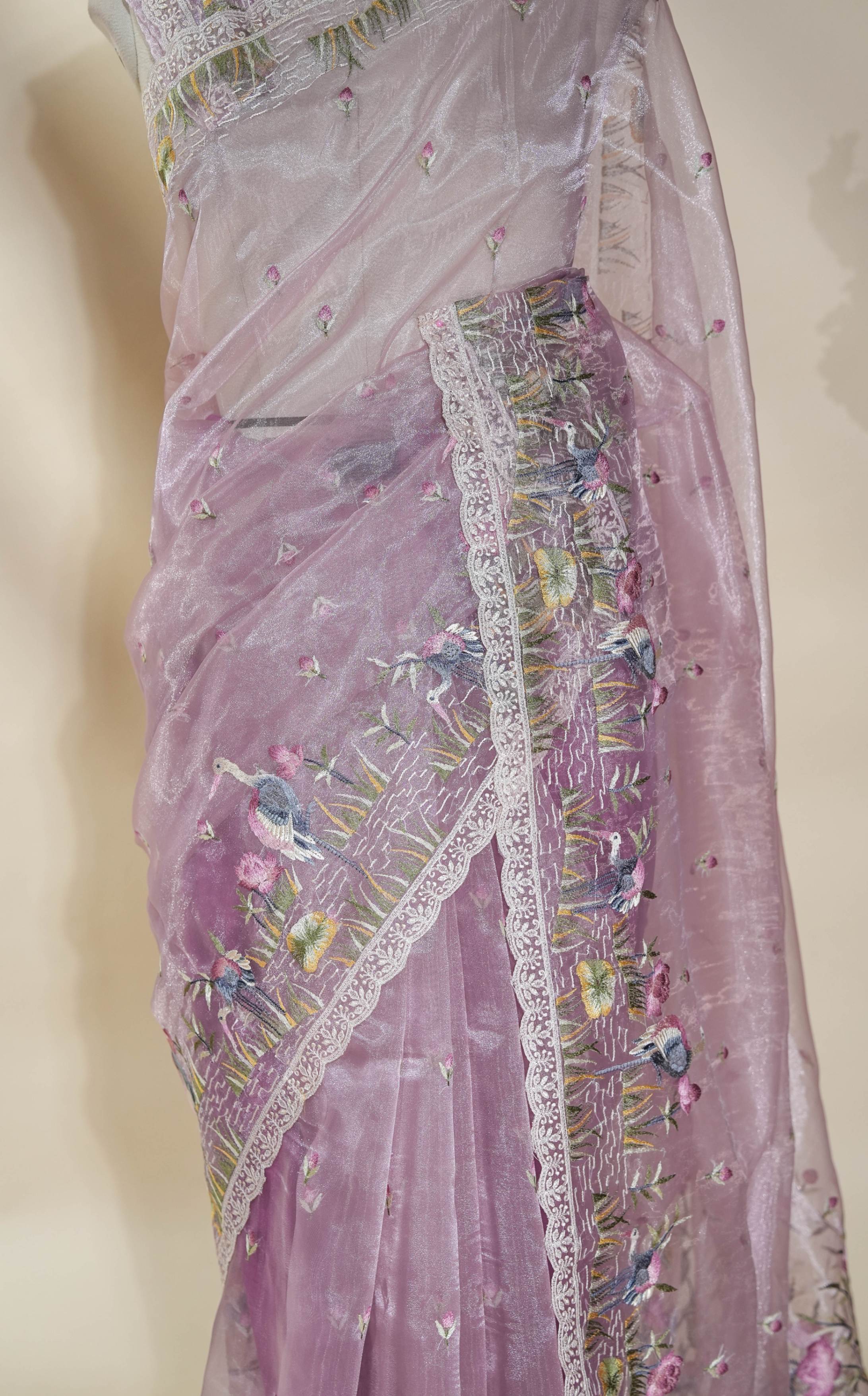 Pink Embroidery Organza Saree