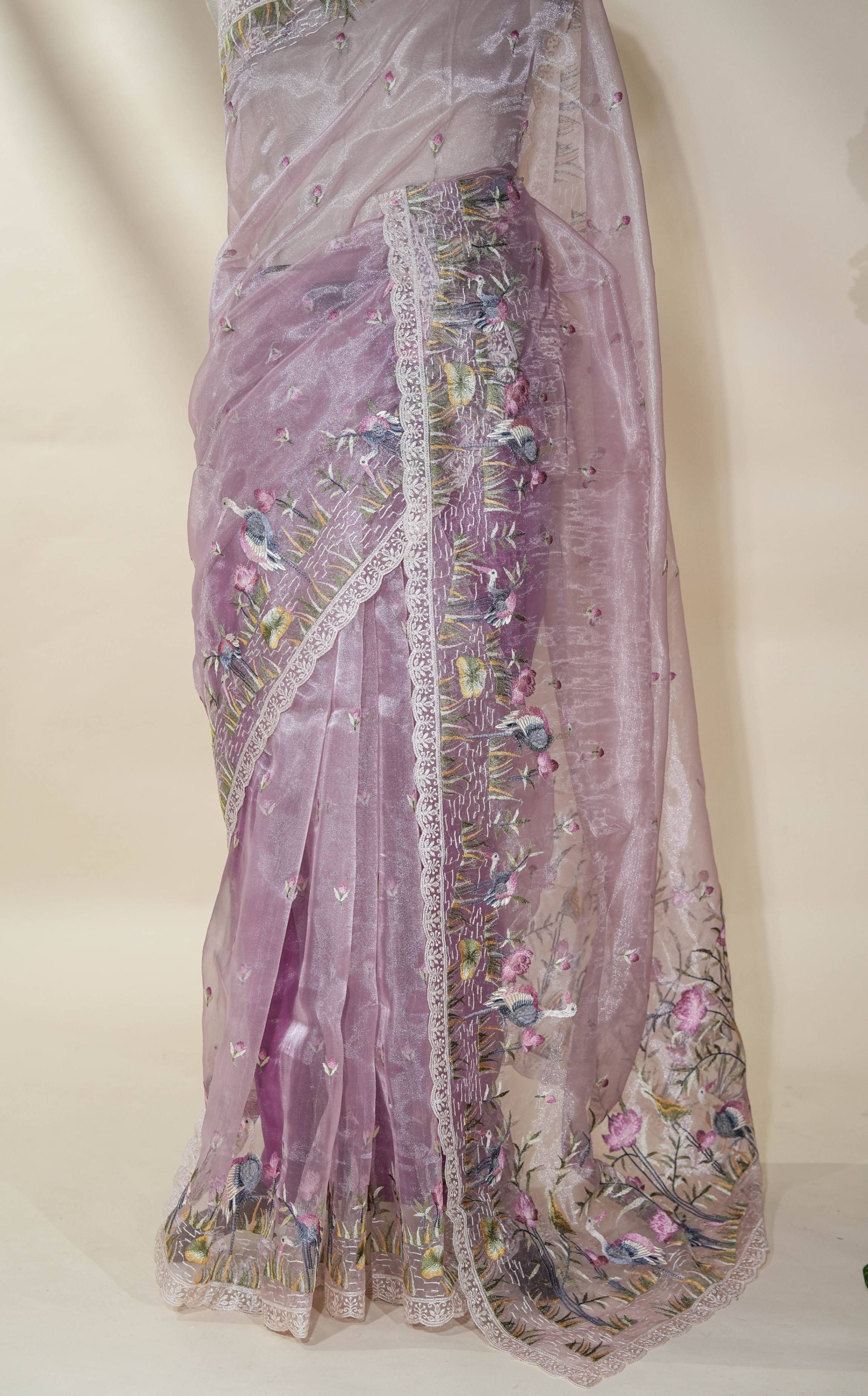 Pink Embroidery Organza Saree
