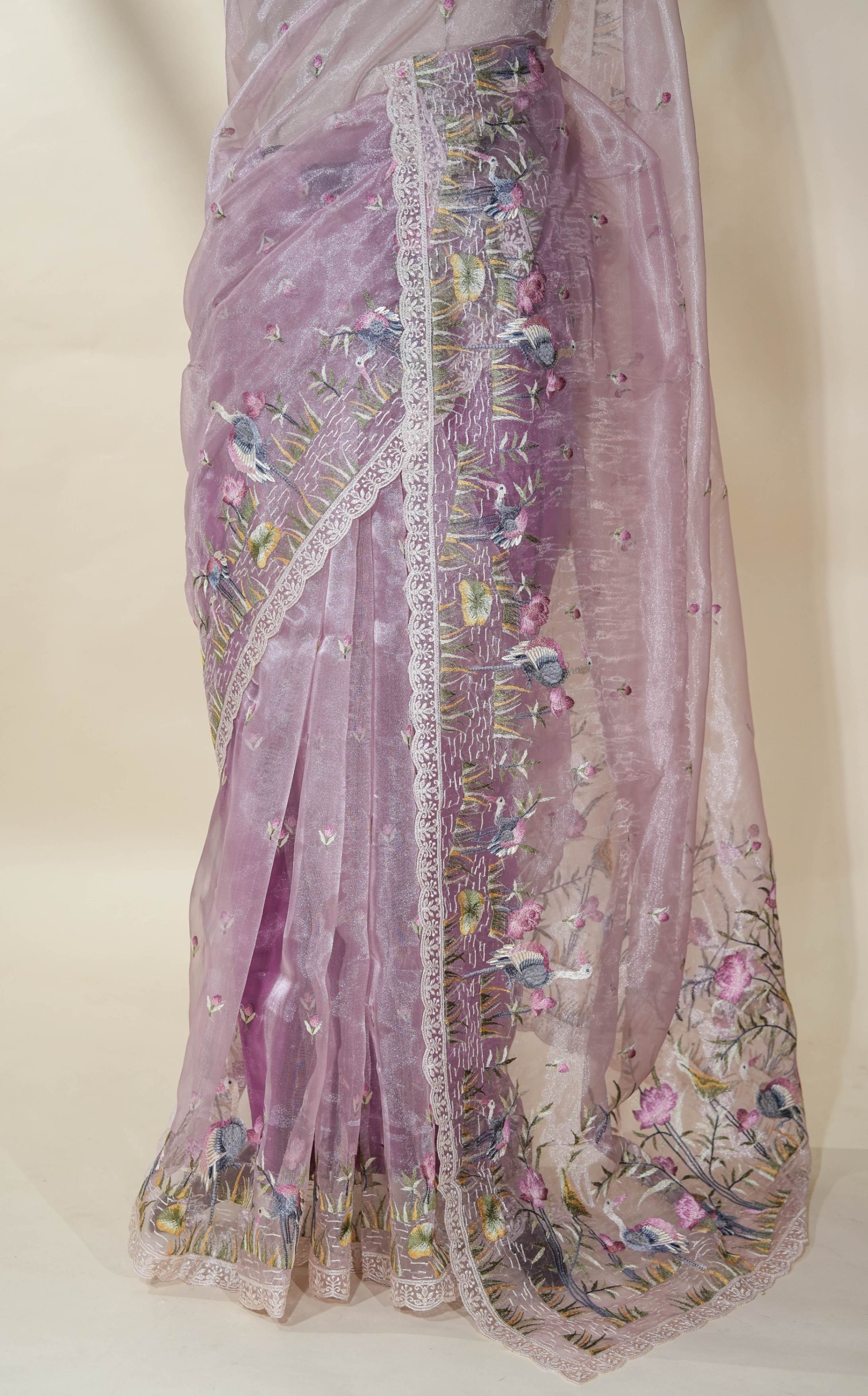 Pink Embroidery Organza Saree