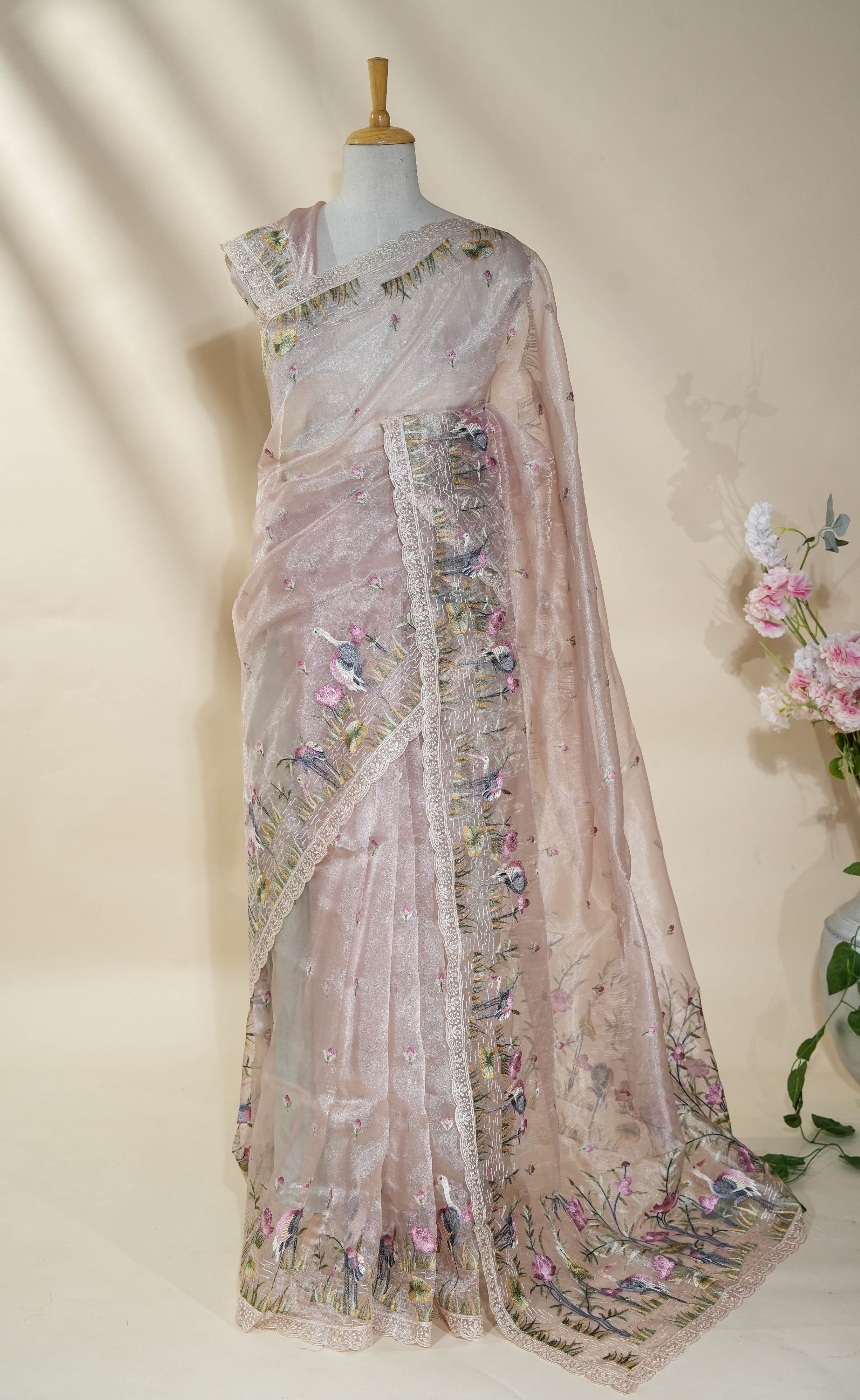 Pastel Embroidery Organza Saree