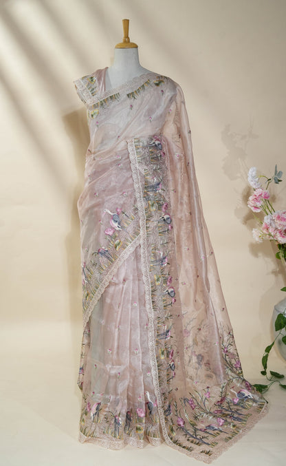 Pastel Embroidery Organza Saree