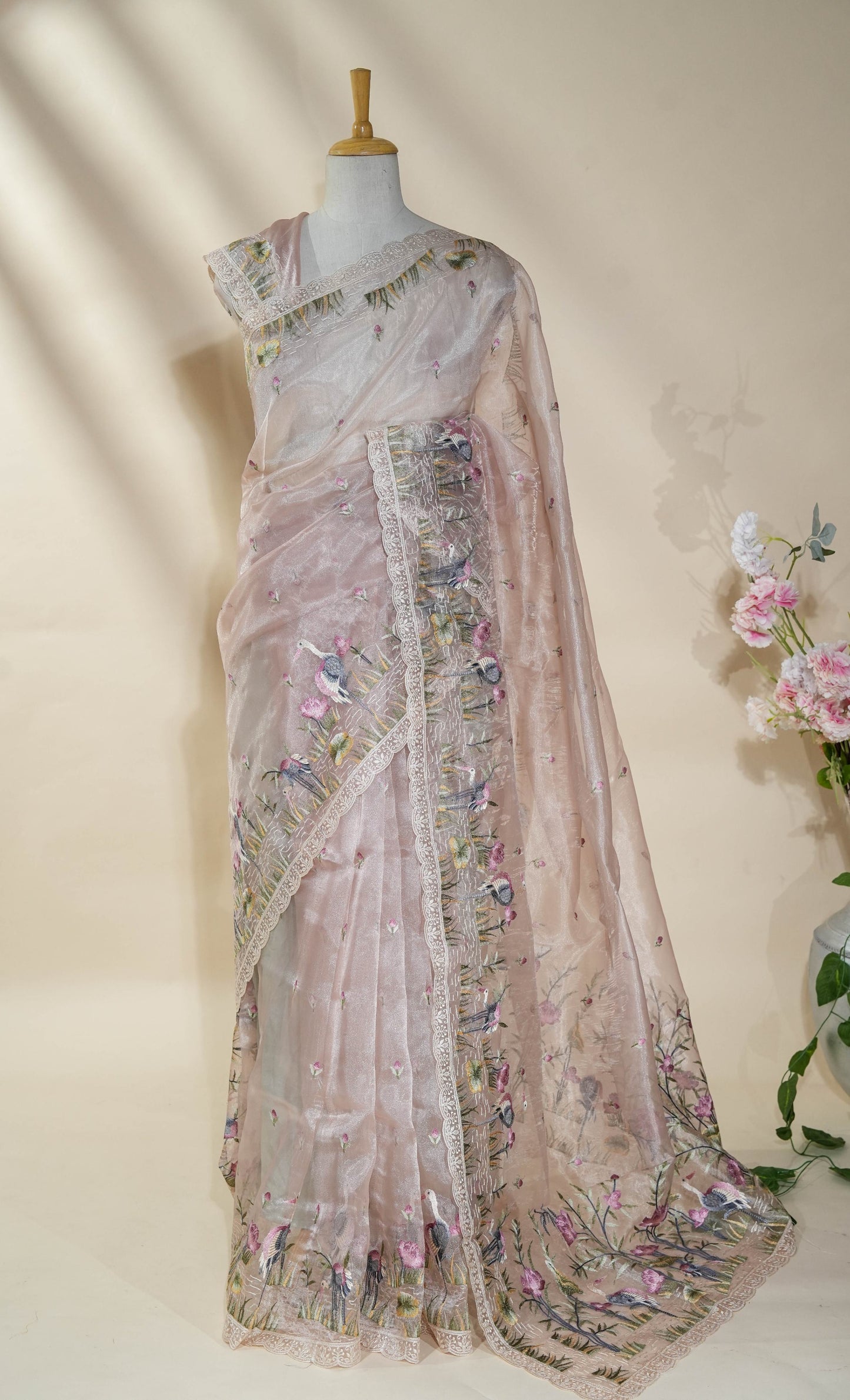 Pastel Embroidery Organza Saree