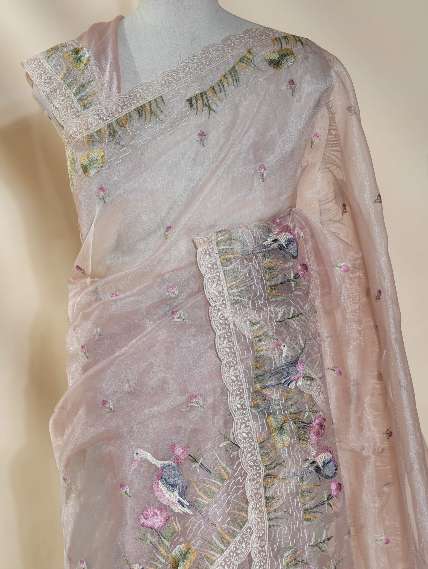 Pastel Embroidery Organza Saree