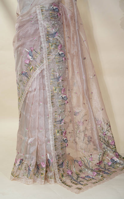 Pastel Embroidery Organza Saree