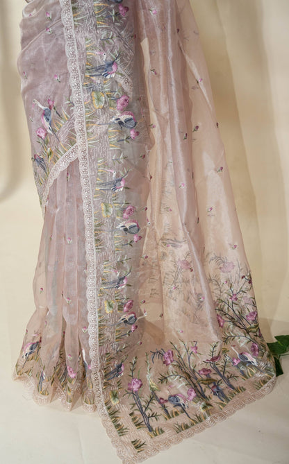Pastel Embroidery Organza Saree