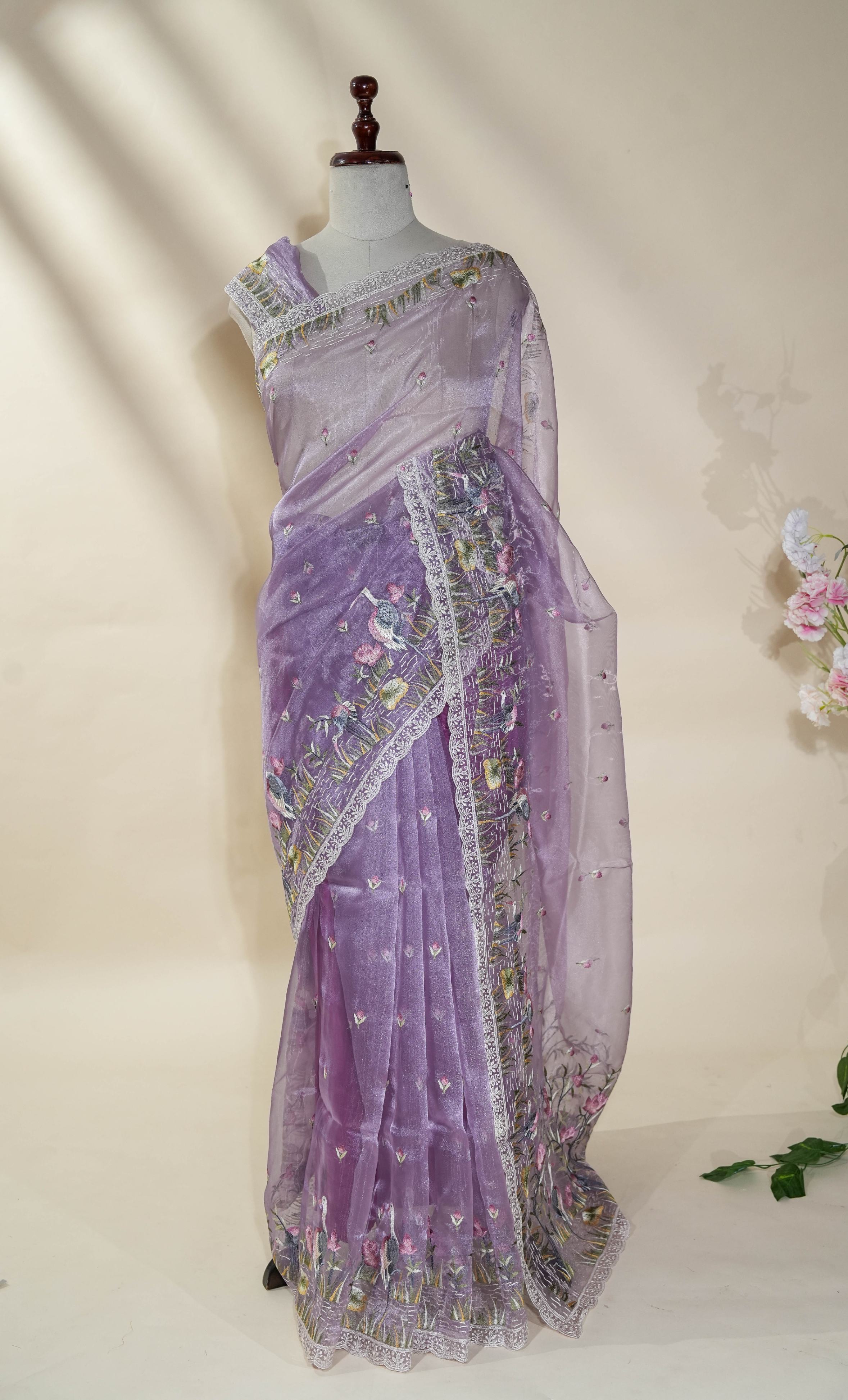 Purple Embroidery Organza Saree