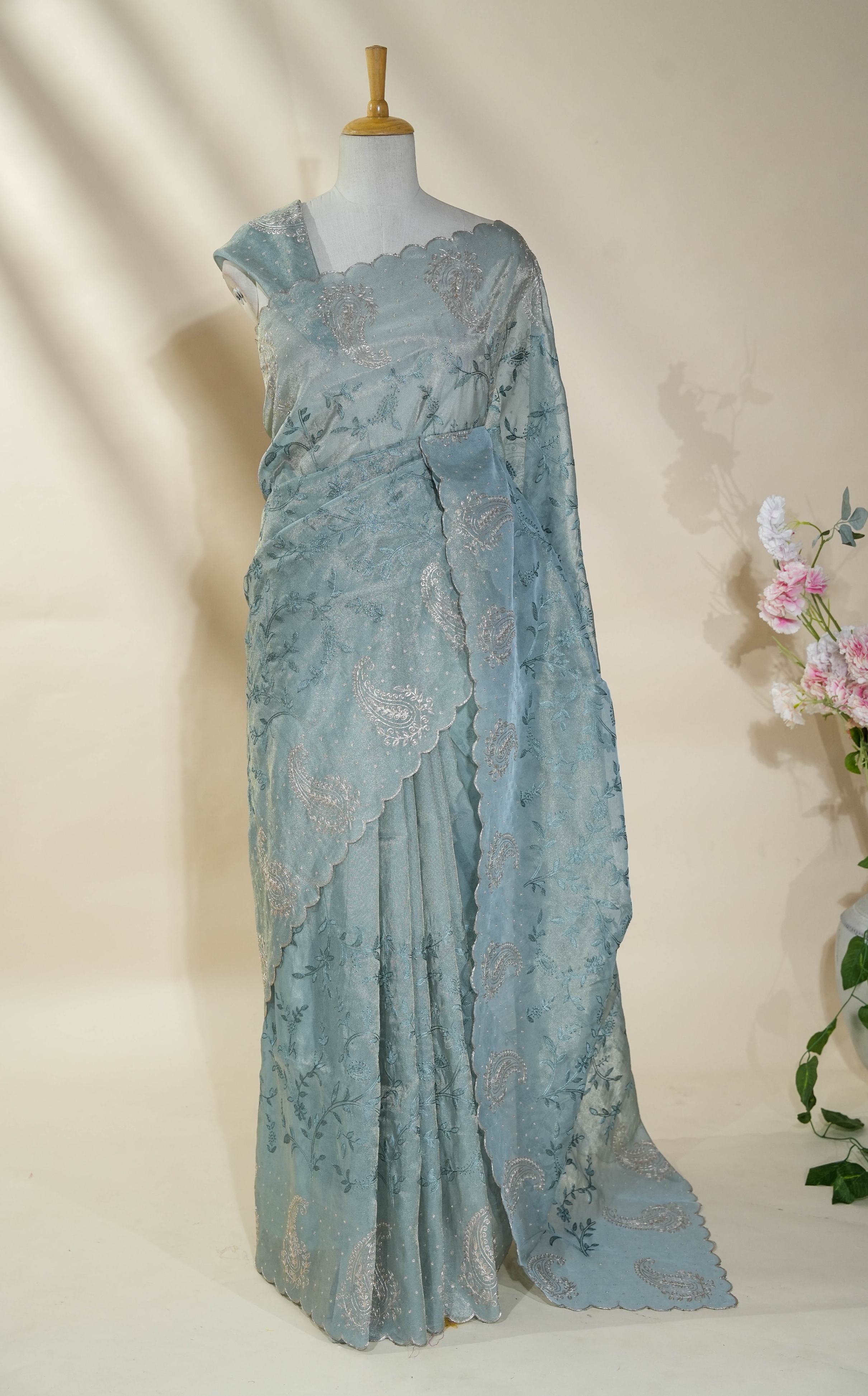 Grey Embroidery Tissue Saree