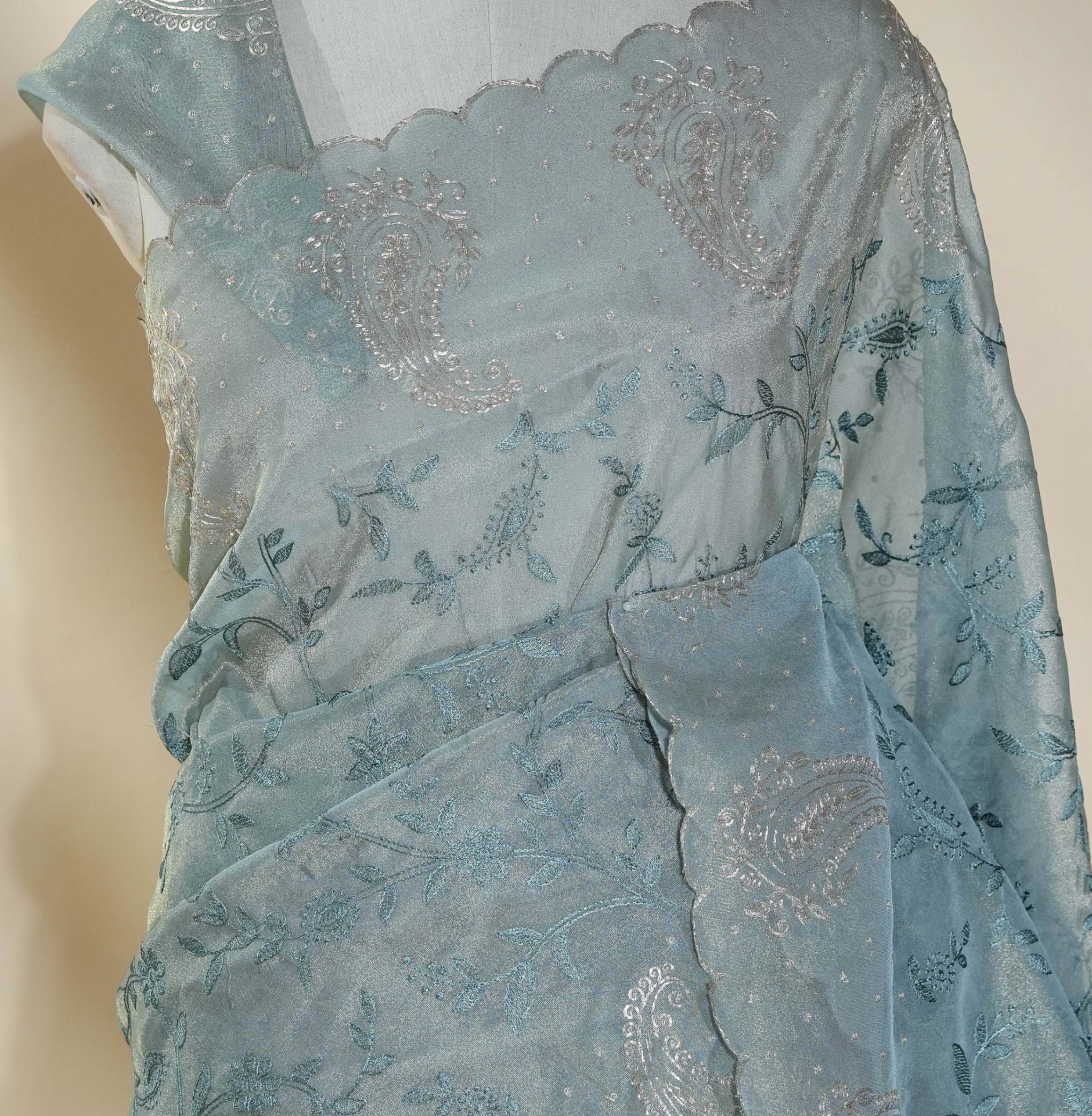 Grey Embroidery Tissue Saree