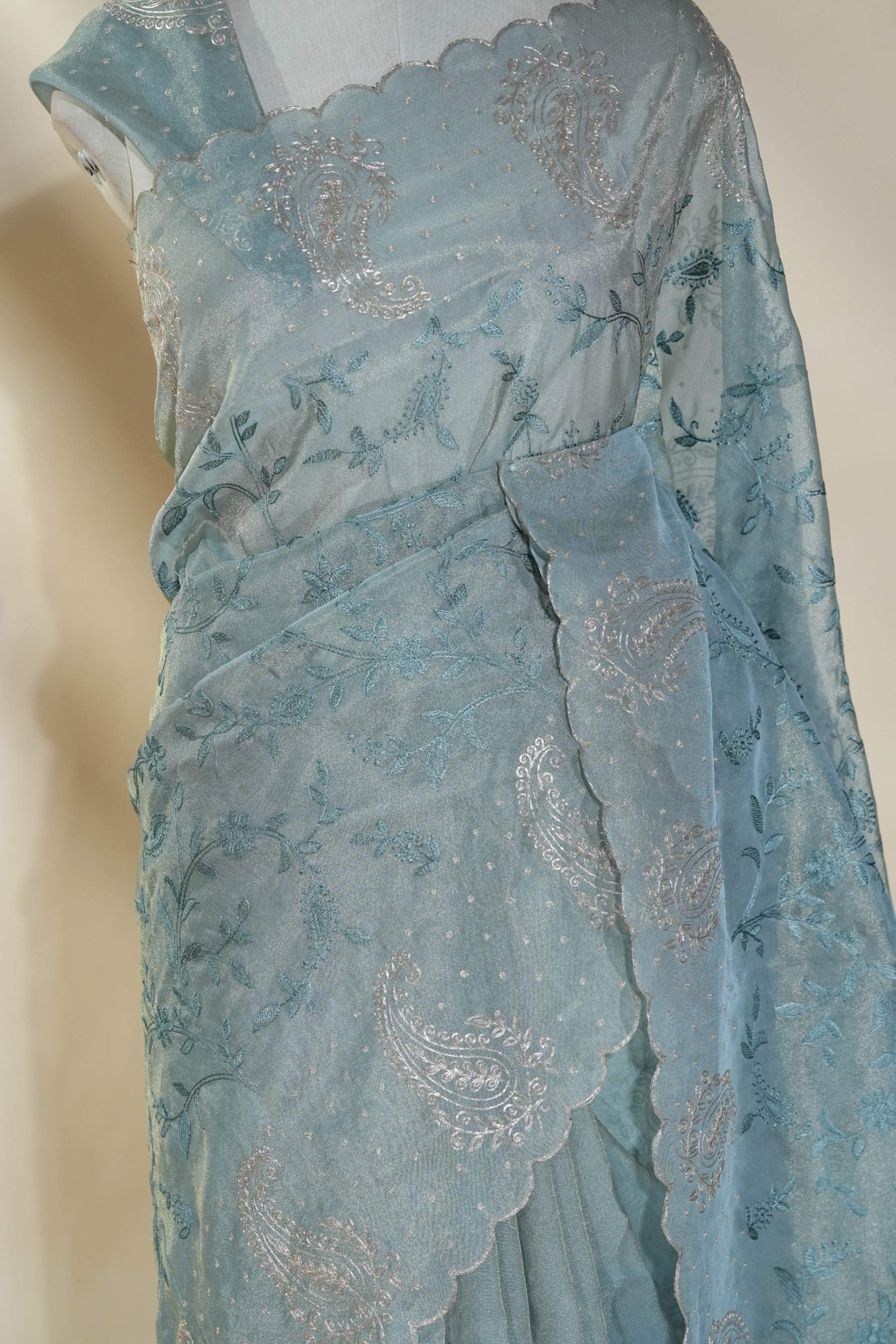 Grey Embroidery Tissue Saree