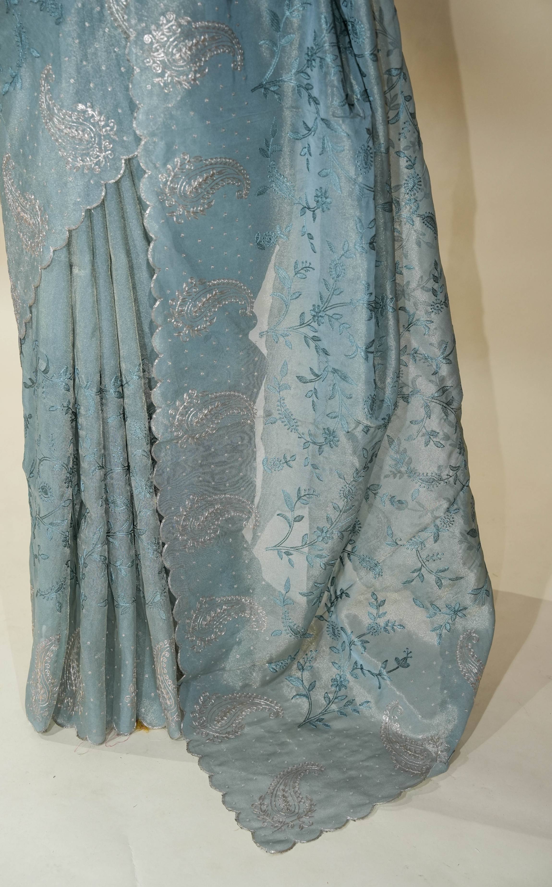 Grey Embroidery Tissue Saree