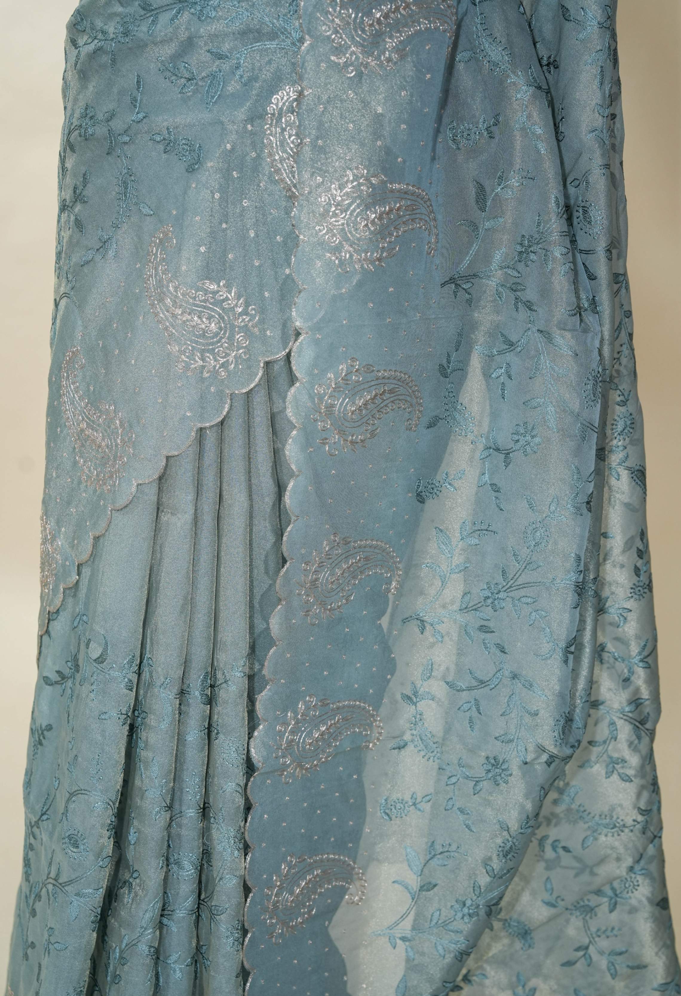 Grey Embroidery Tissue Saree