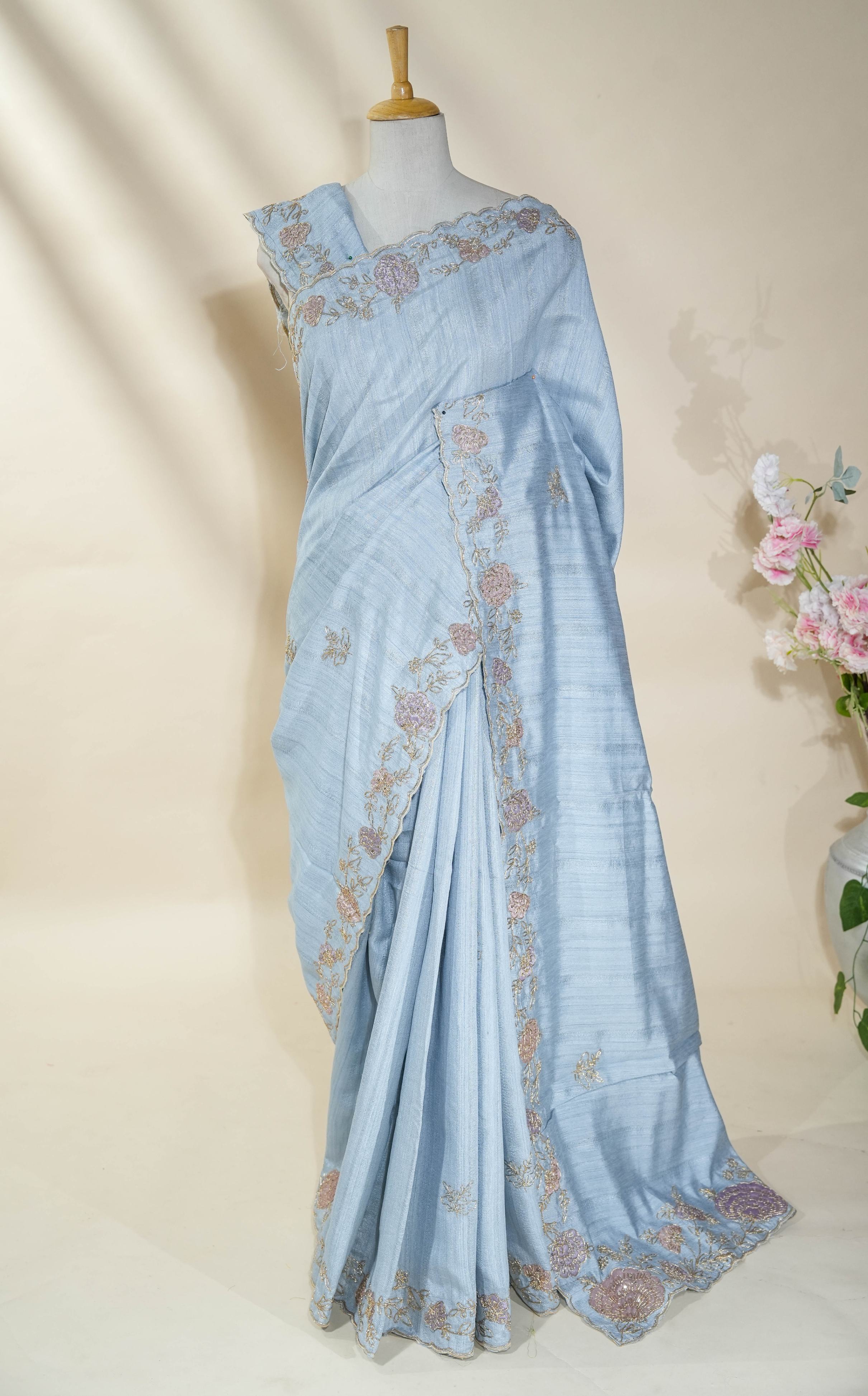 Grey Embroidery Tussar Saree