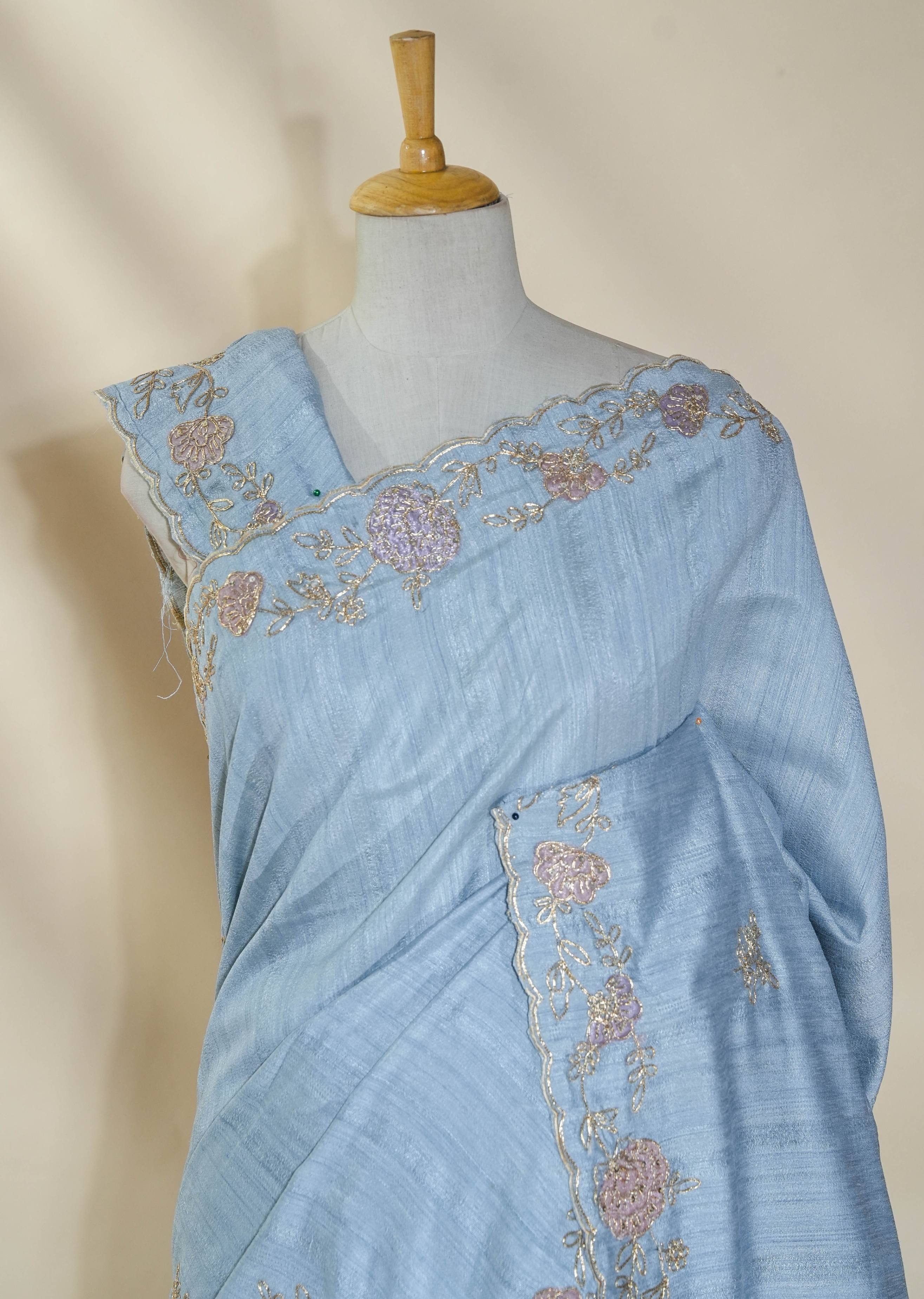 Grey Embroidery Tussar Saree