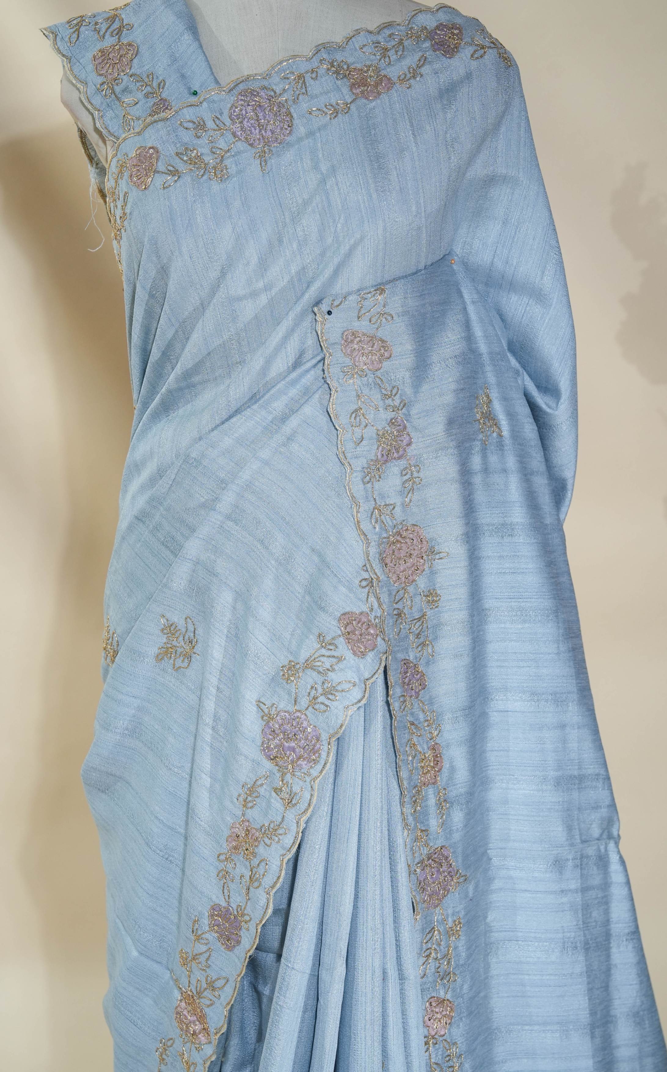 Grey Embroidery Tussar Saree