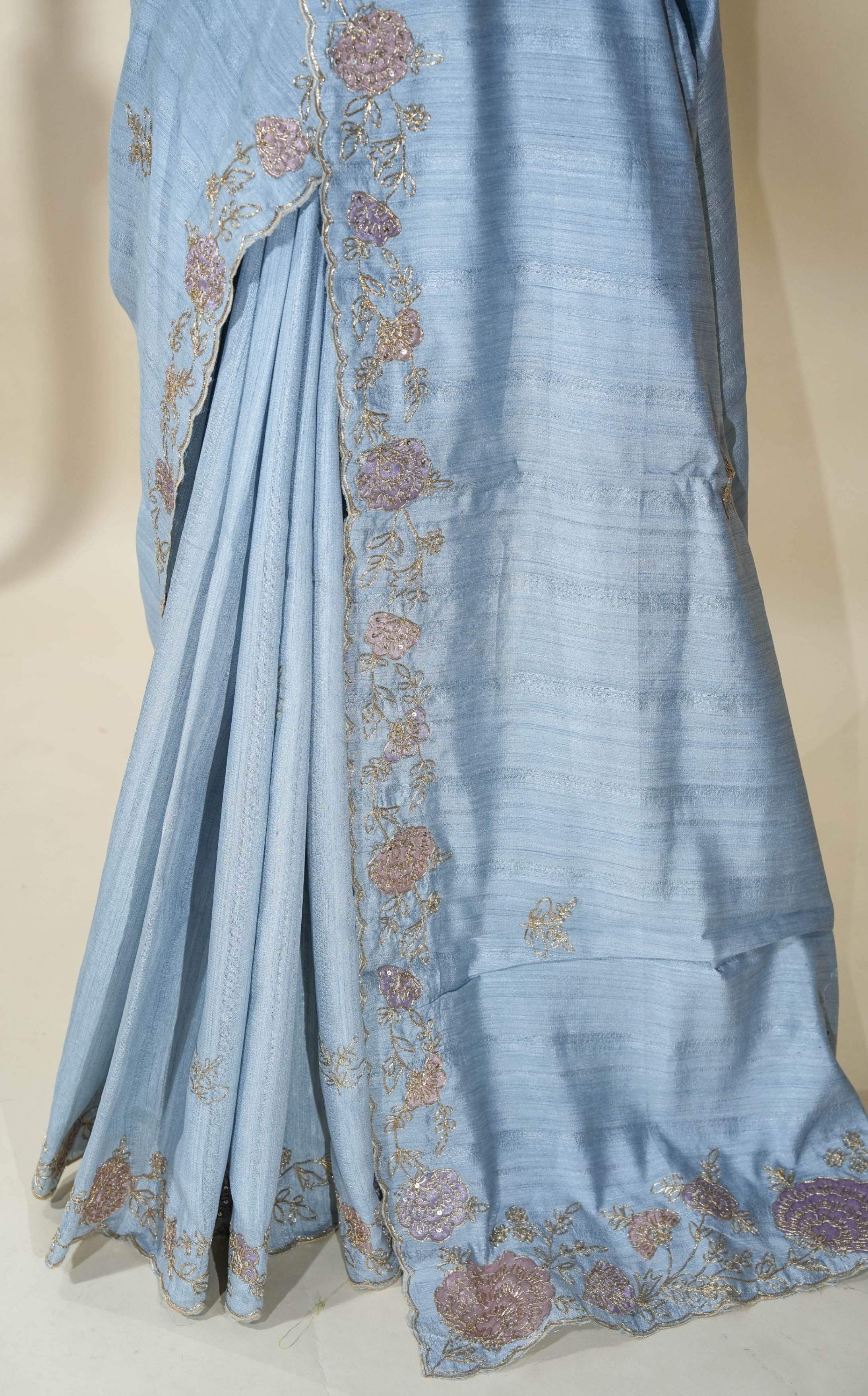 Grey Embroidery Tussar Saree