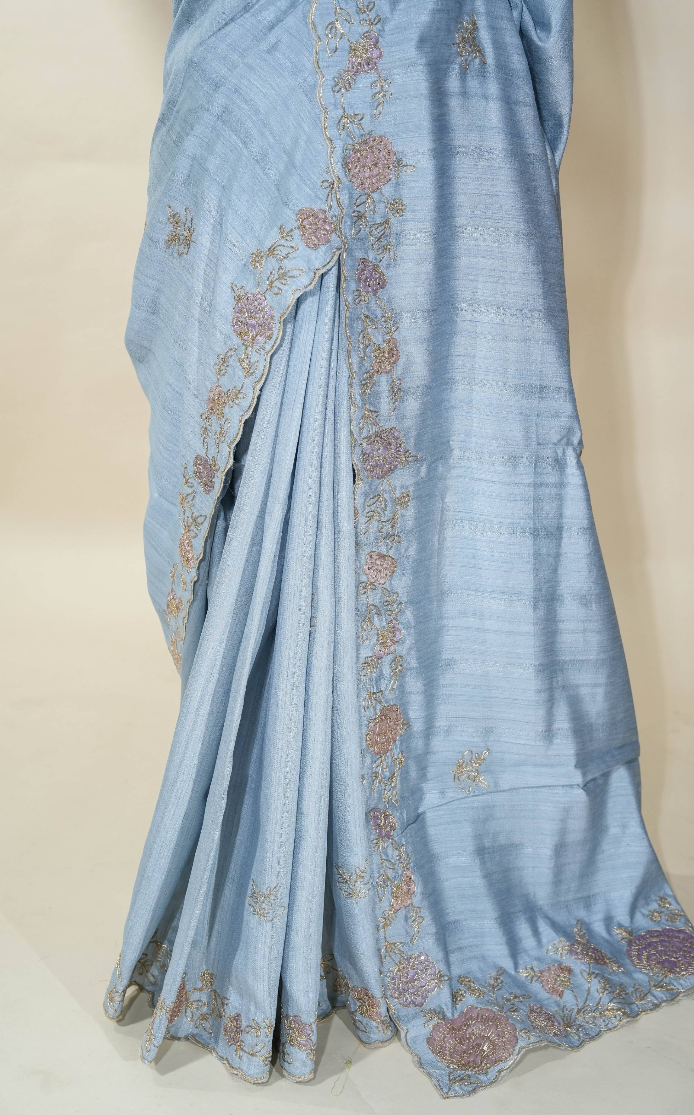 Grey Embroidery Tussar Saree