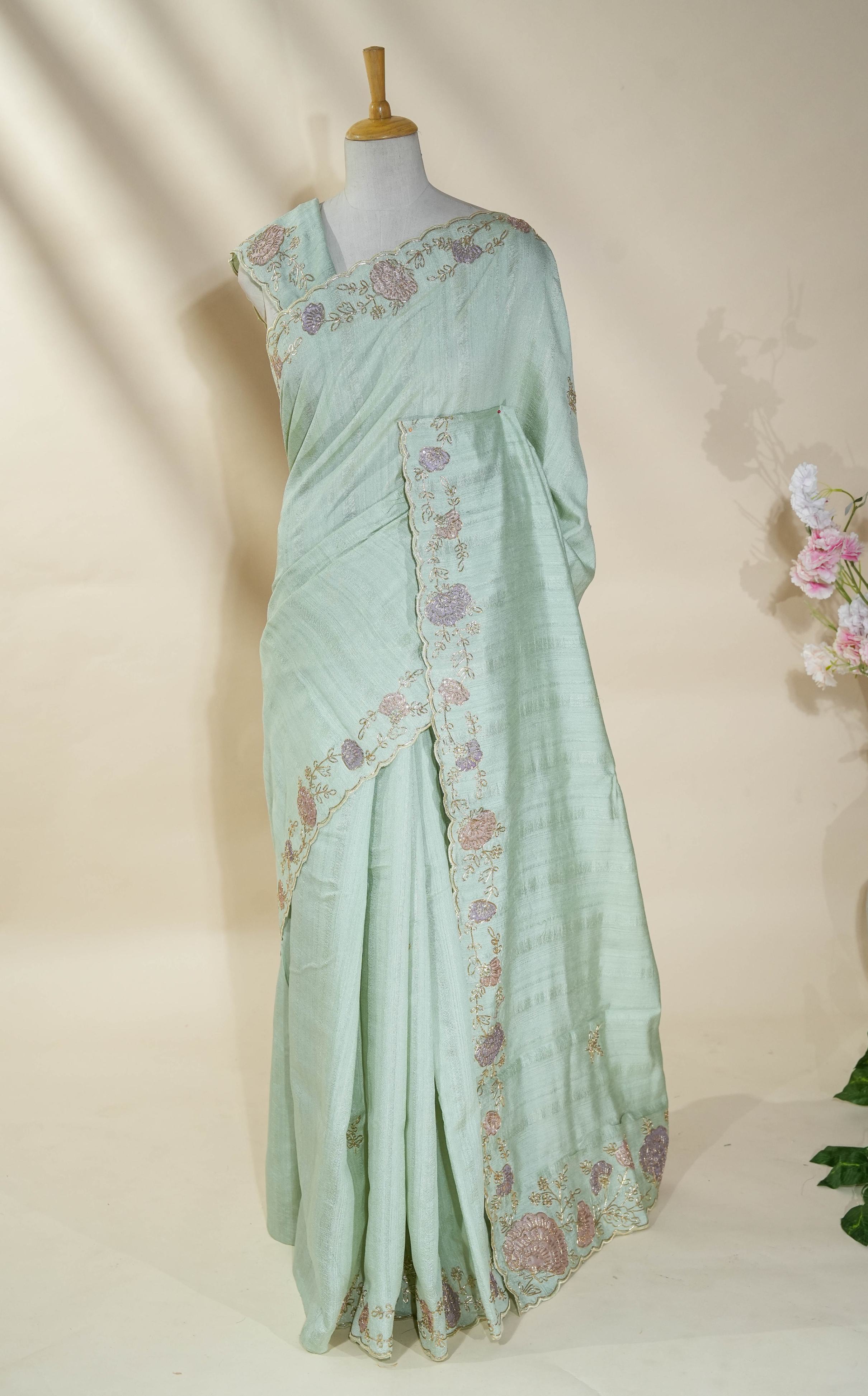 Pastel Embroidery Tussar Saree