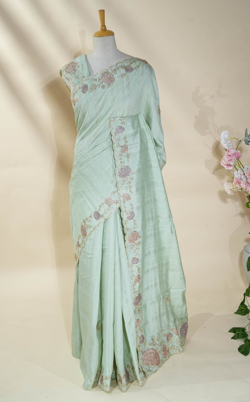 Pastel Embroidery Tussar Saree