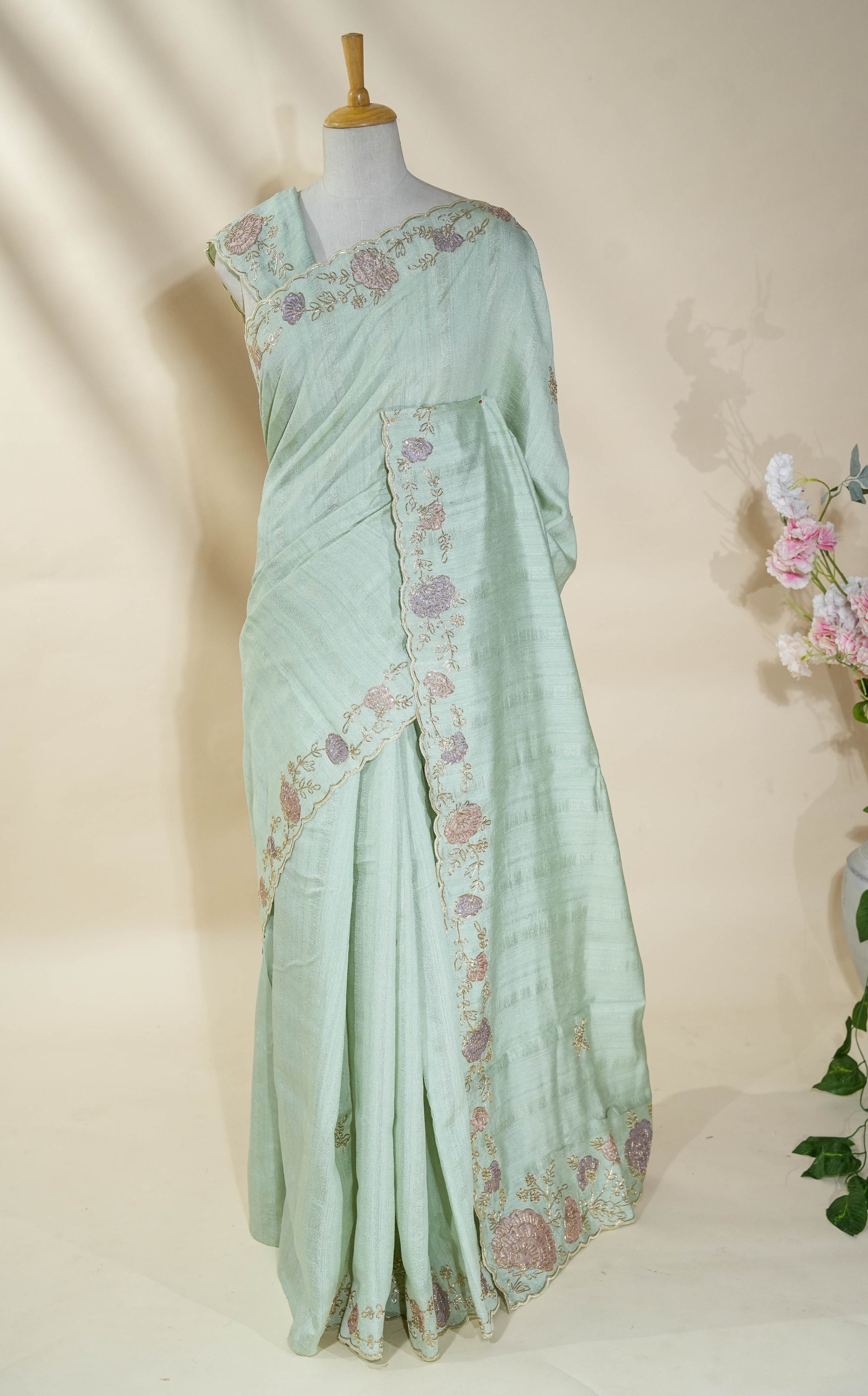 Pastel Embroidery Tussar Saree