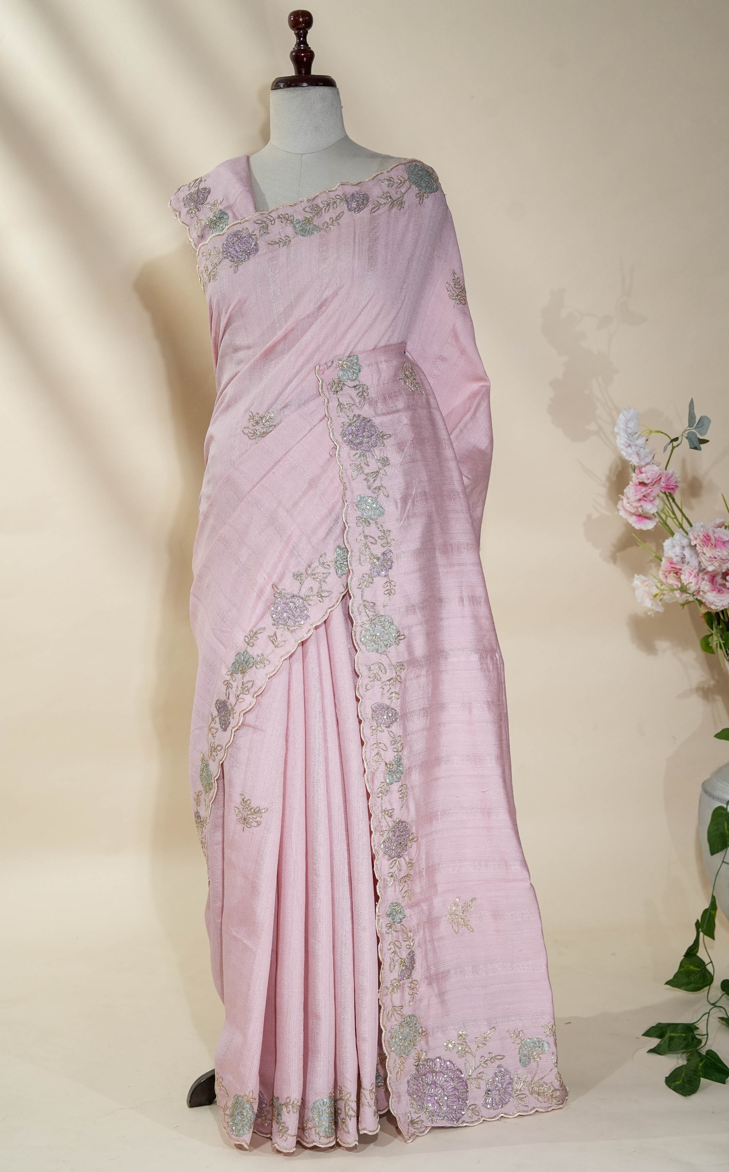 Pink Embroidery Tussar Saree