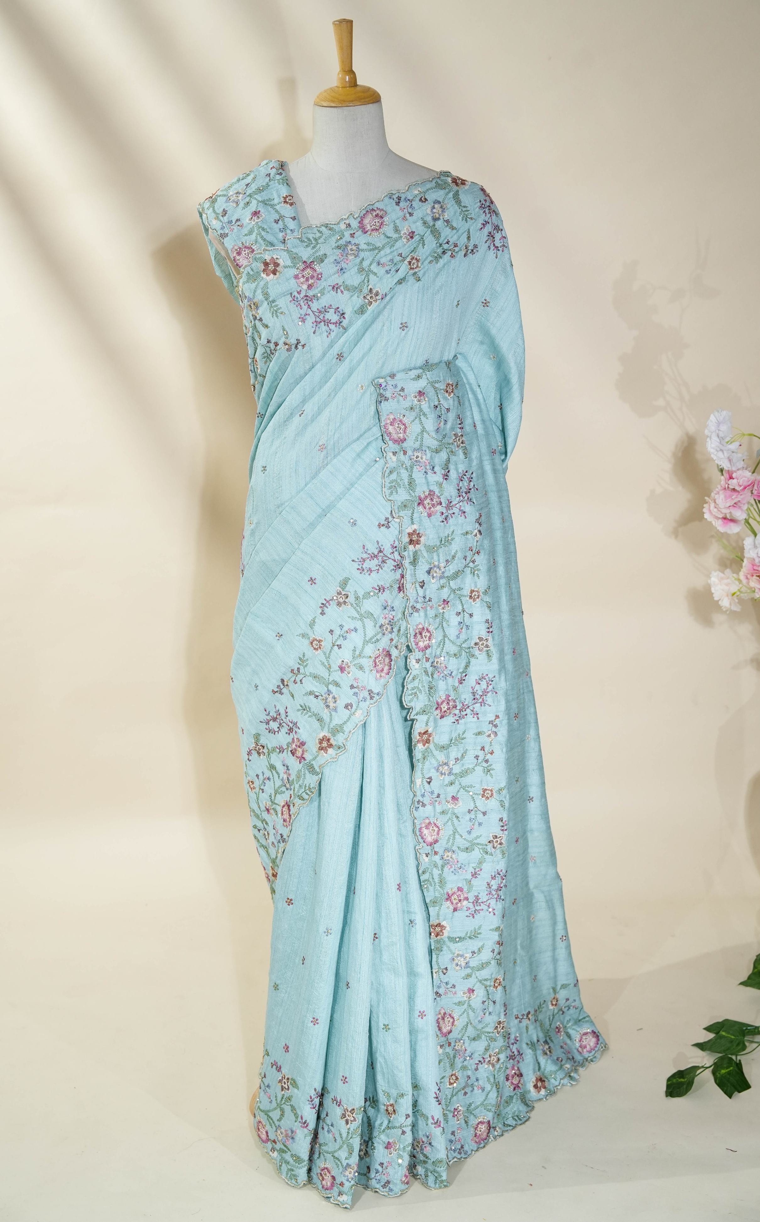 Ferozi Embroidery Tusser Saree
