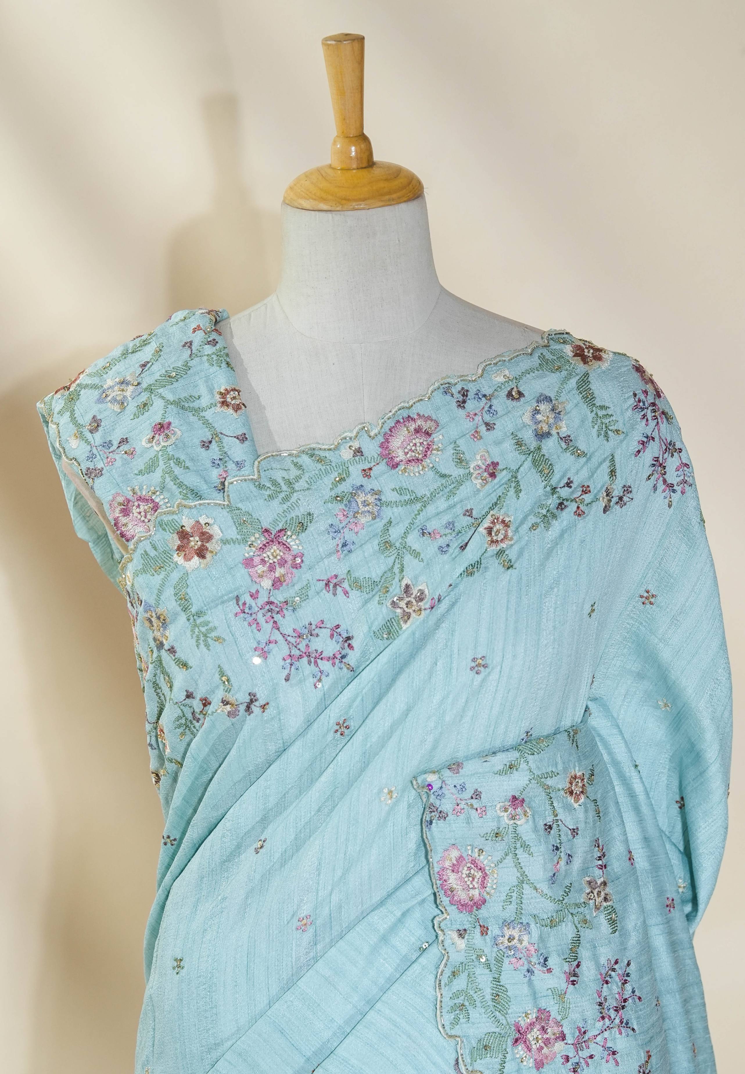 Ferozi Embroidery Tusser Saree