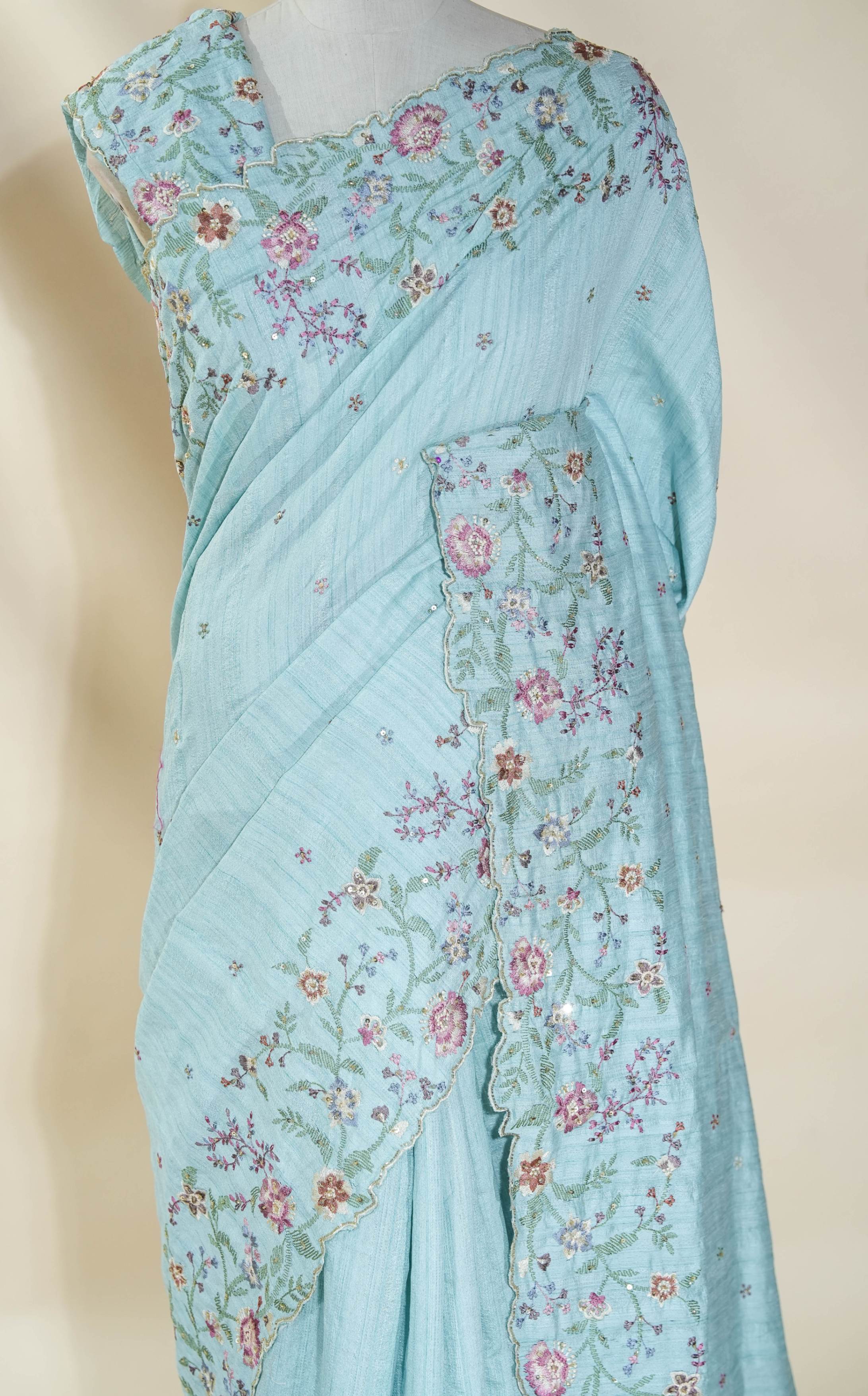 Ferozi Embroidery Tusser Saree