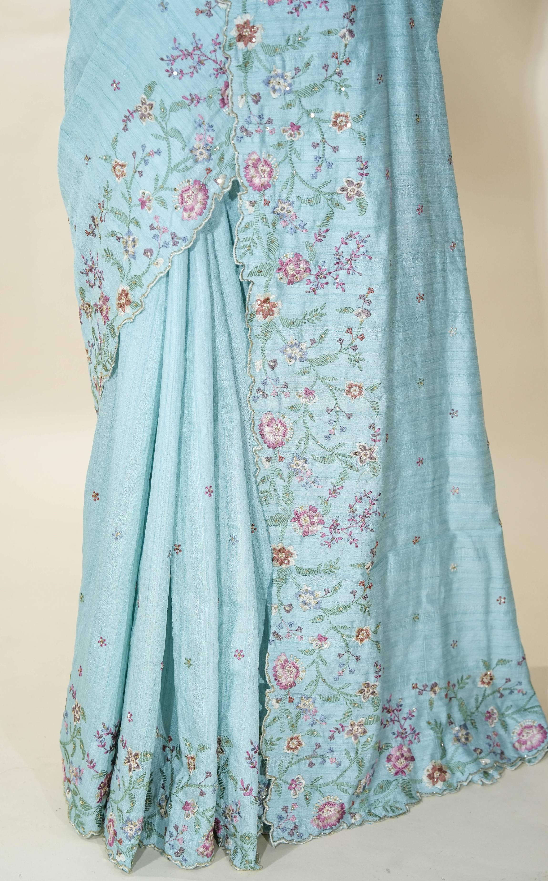 Ferozi Embroidery Tusser Saree
