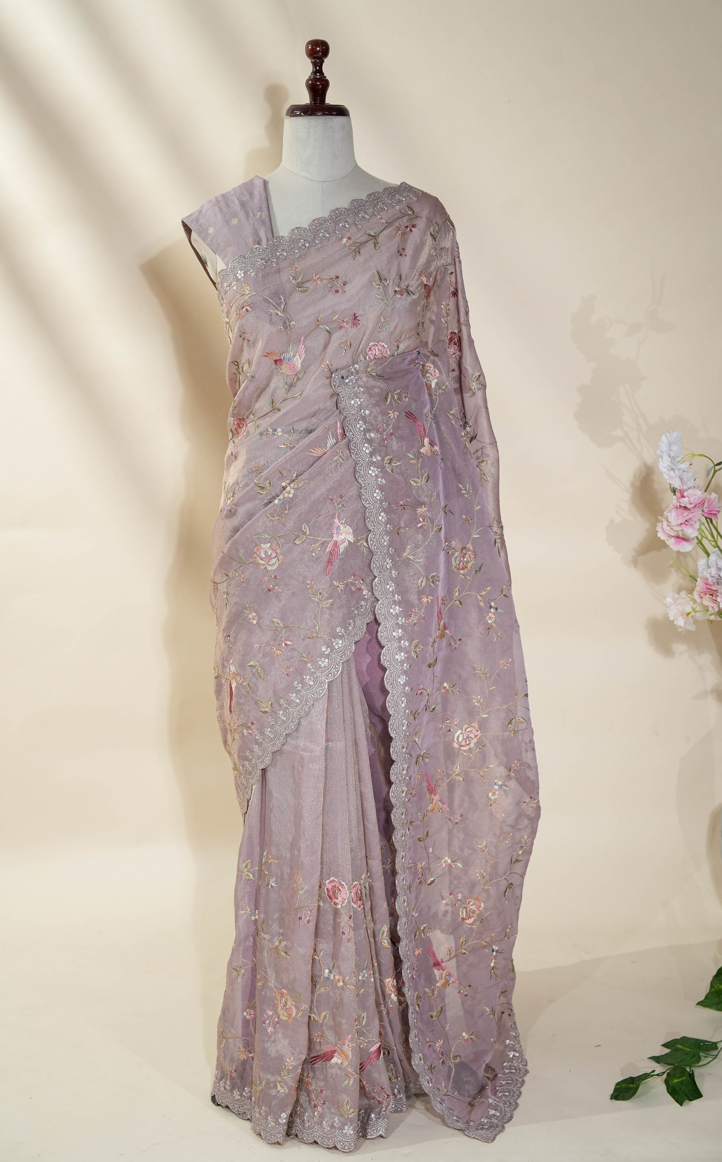 Pink Embroidery Tissue Saree