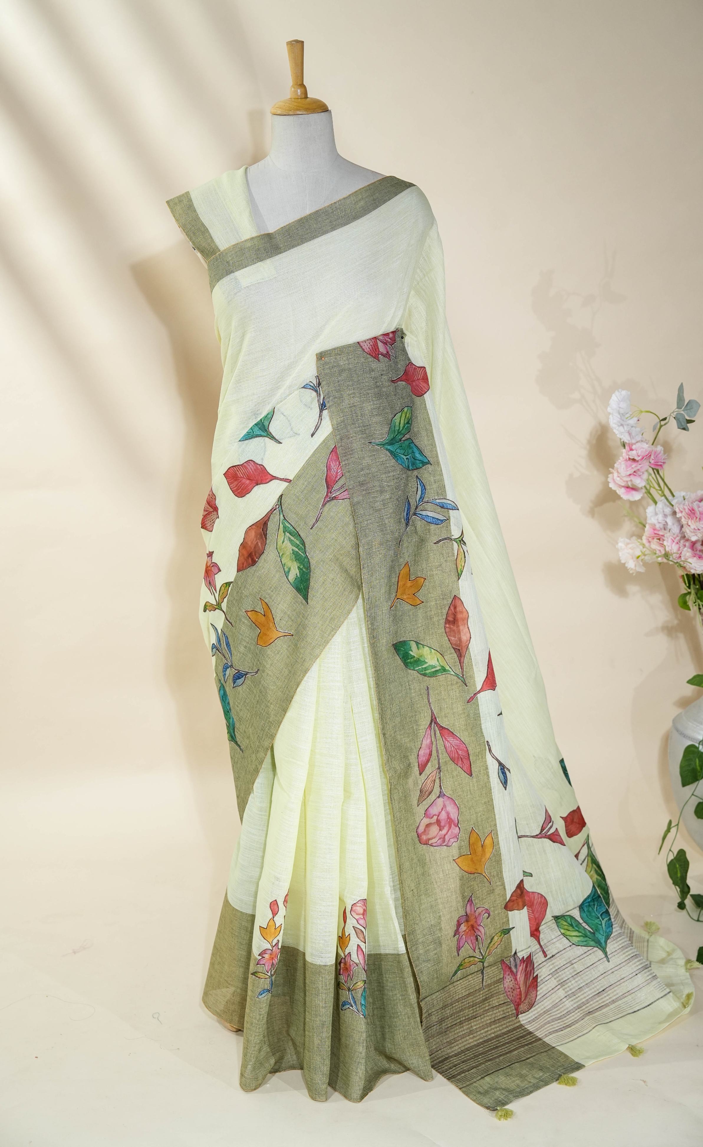 Off White Printed Embroidery Khadi Saree