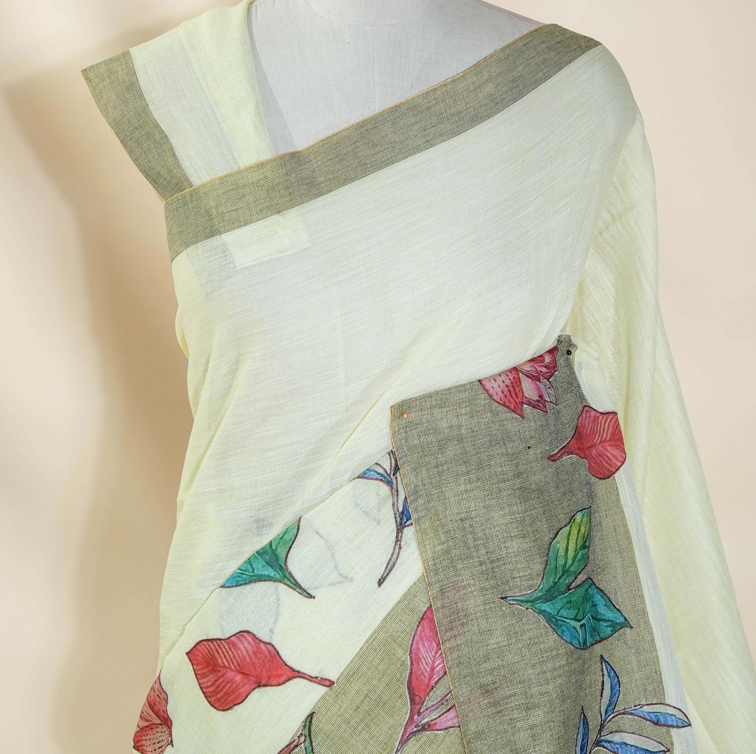 Off White Printed Embroidery Khadi Saree