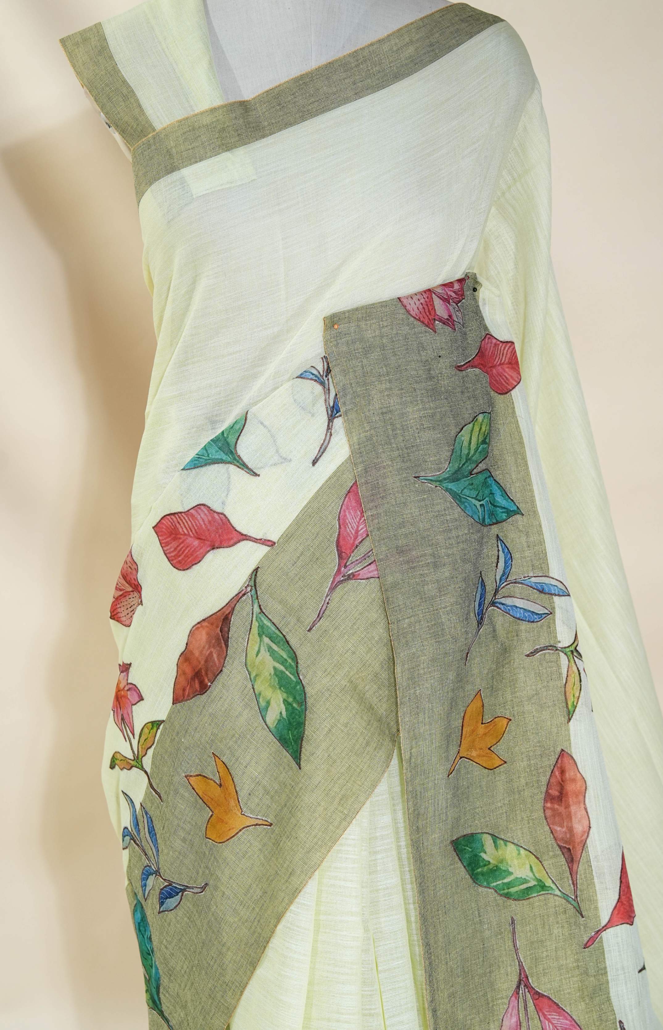 Off White Printed Embroidery Khadi Saree