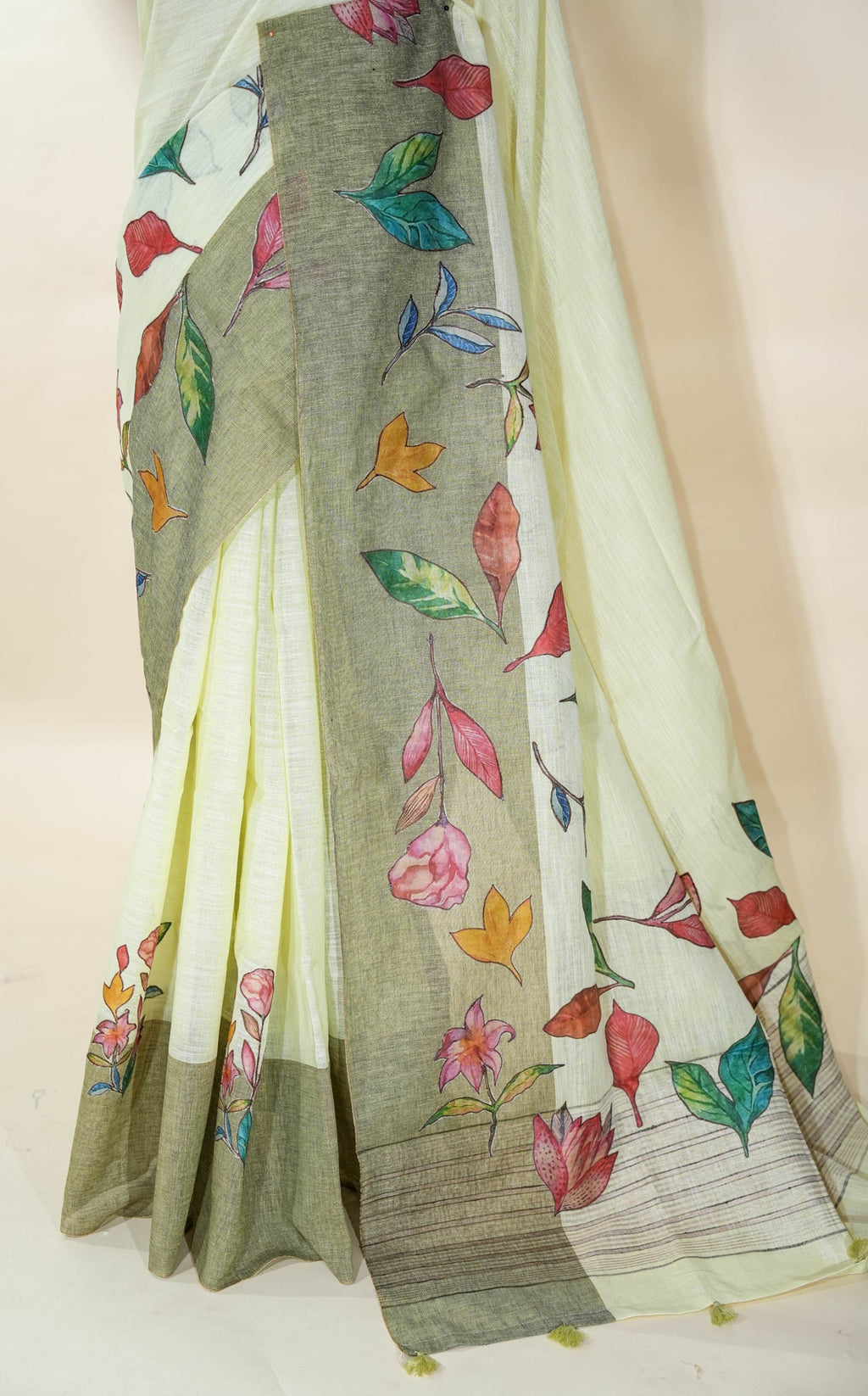 Off White Printed Embroidery Khadi Saree